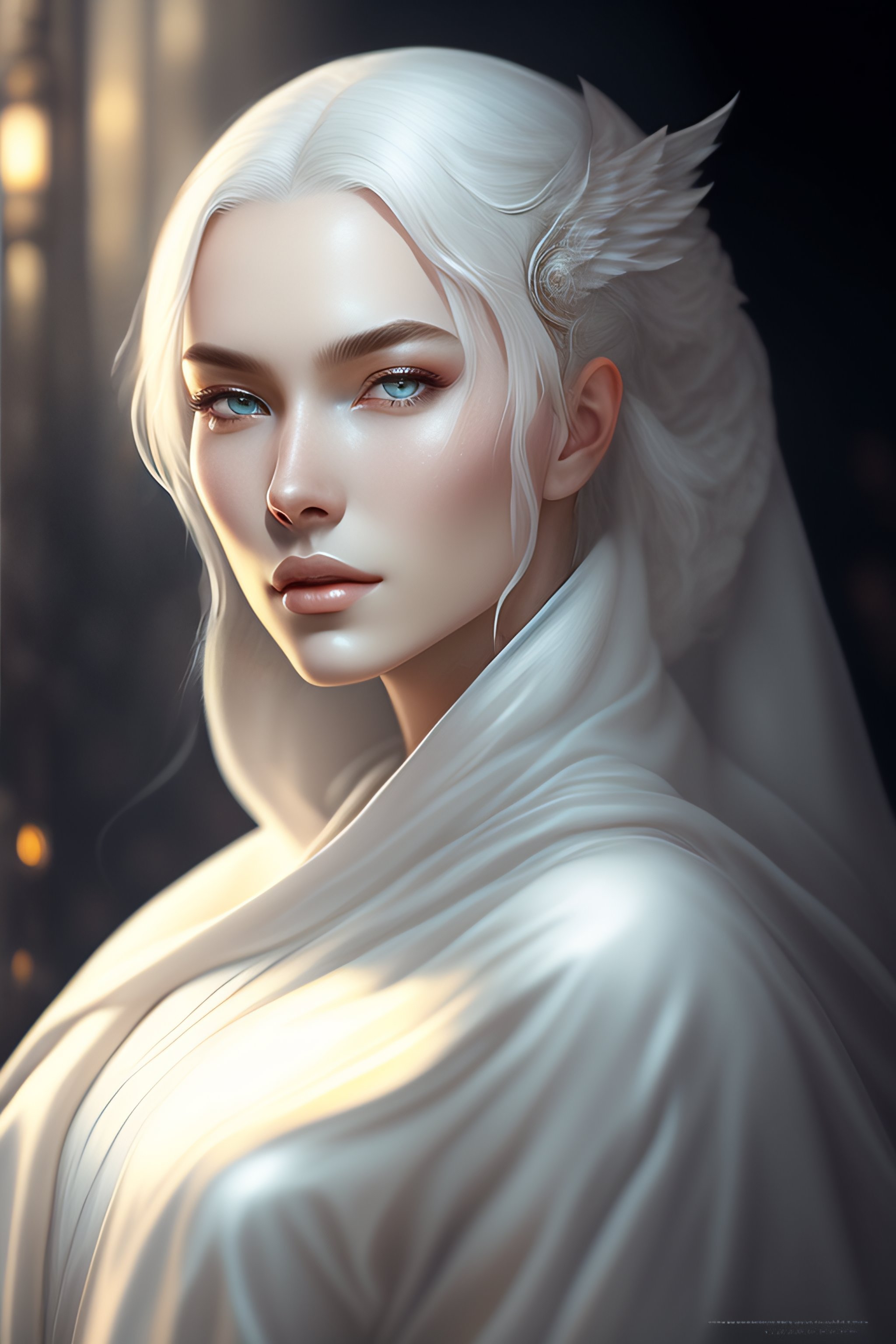 Lexica - Portrait of a young woman in white robe, pale skin, silver ...