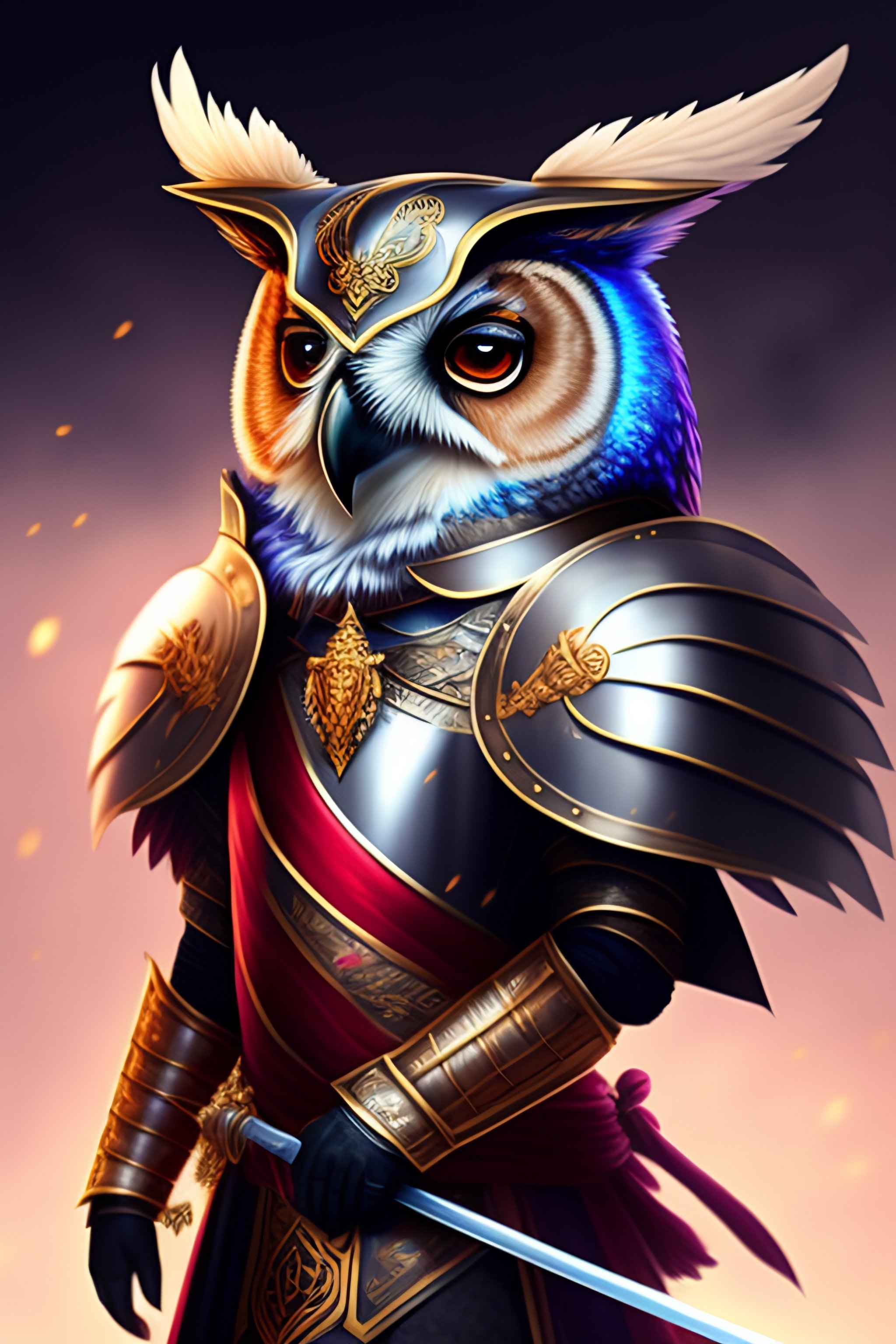 Lexica - Portait of a owl in royal armor with sword and shield, anime style