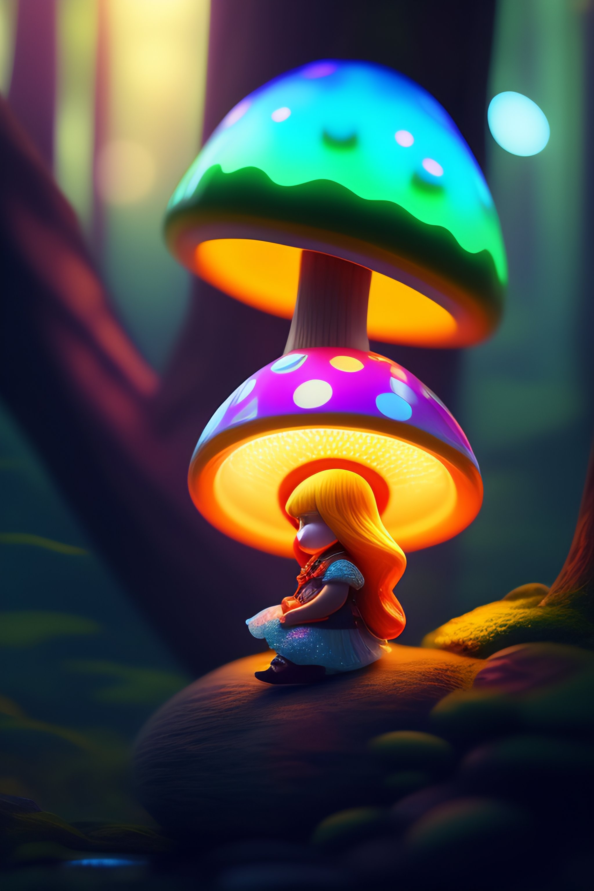 Lexica - Thumbelina is sitting next to a glowing toadstool at night in ...