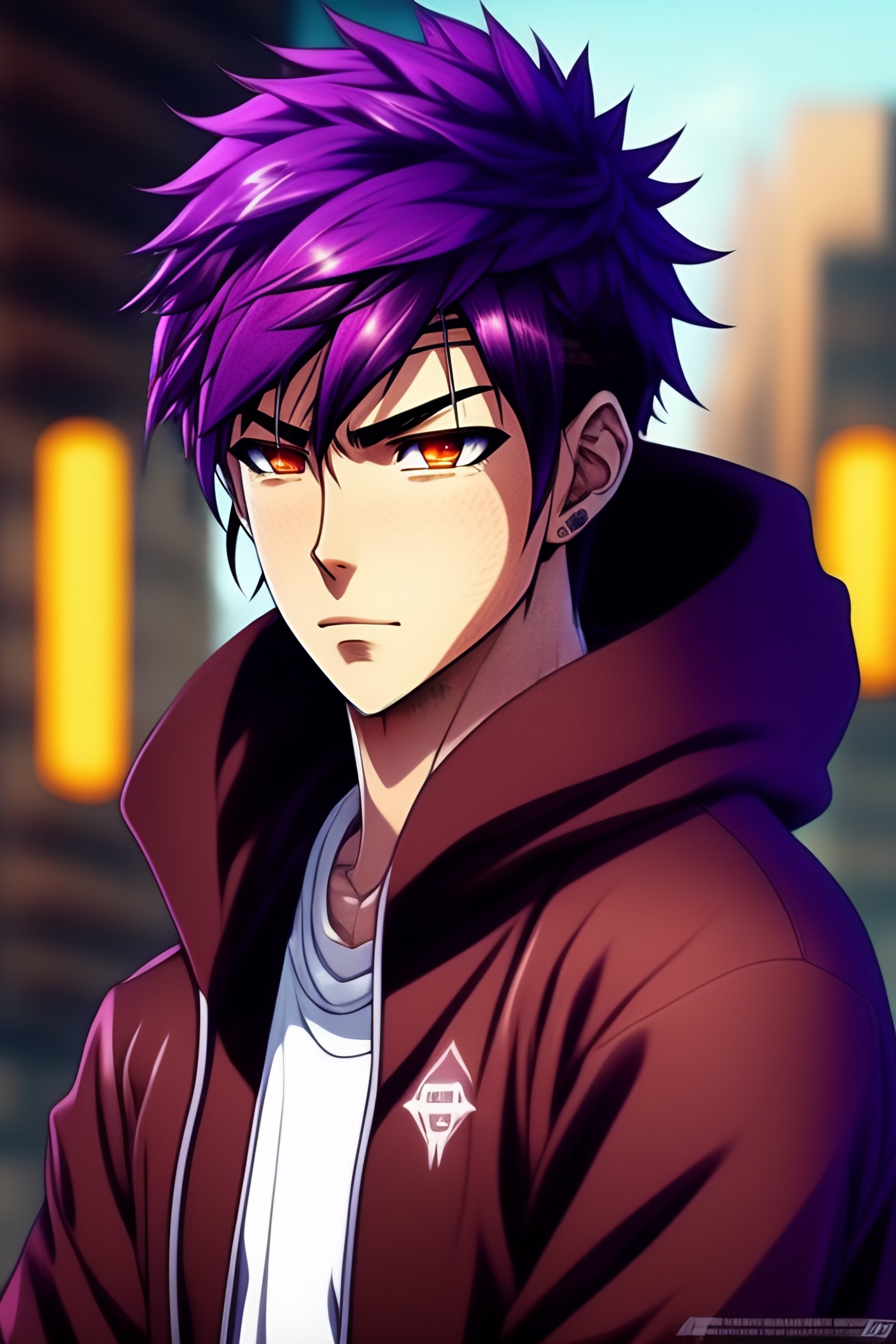 Lexica - Purple hair anime brown guy, hoodie, light brown skin, hacker, no  expression, no emotion, anime style, manga, cartoon, anime