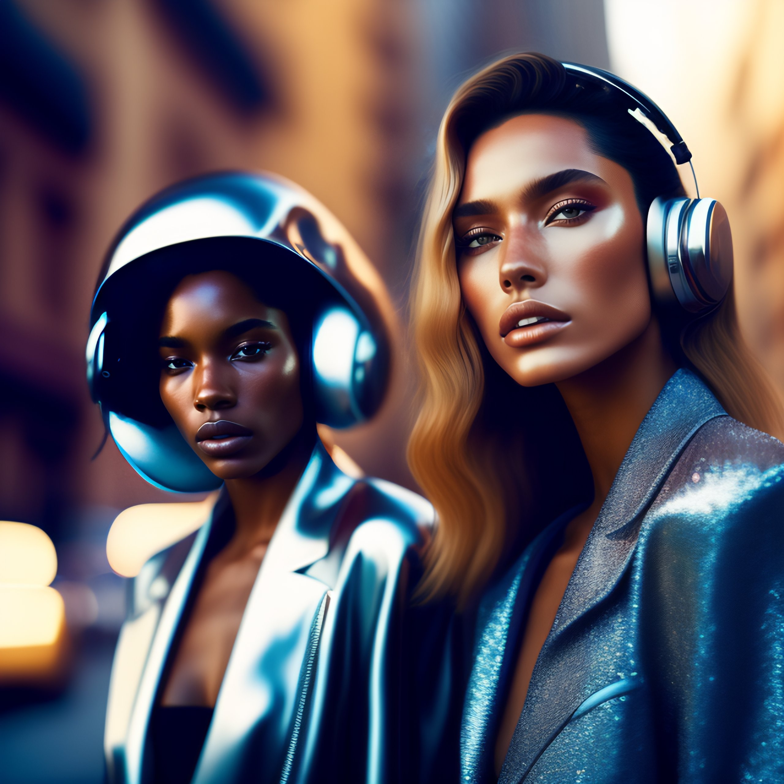 Lexica 2 girls in headphones Ultra hd Realistic helmut lang