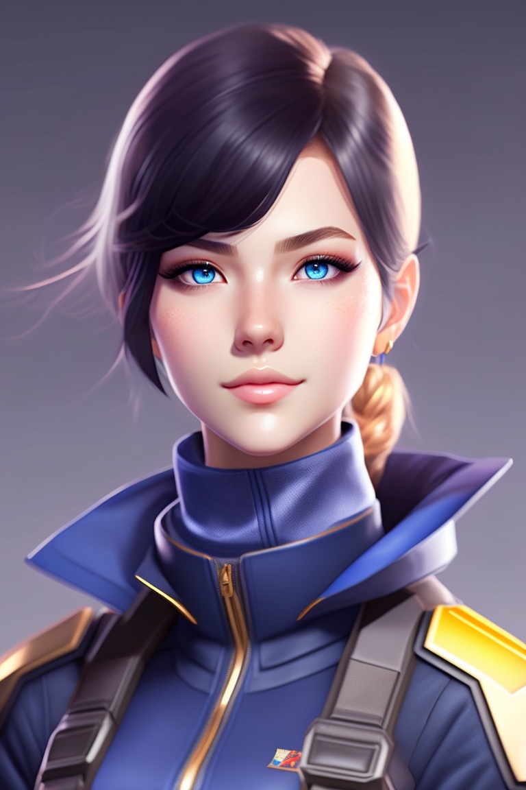 Lexica - Young pubg mobile game lady anime with thick eyebrows, navy blue  eyes, short hair, sharp nose, oval face, thin lips, black beard