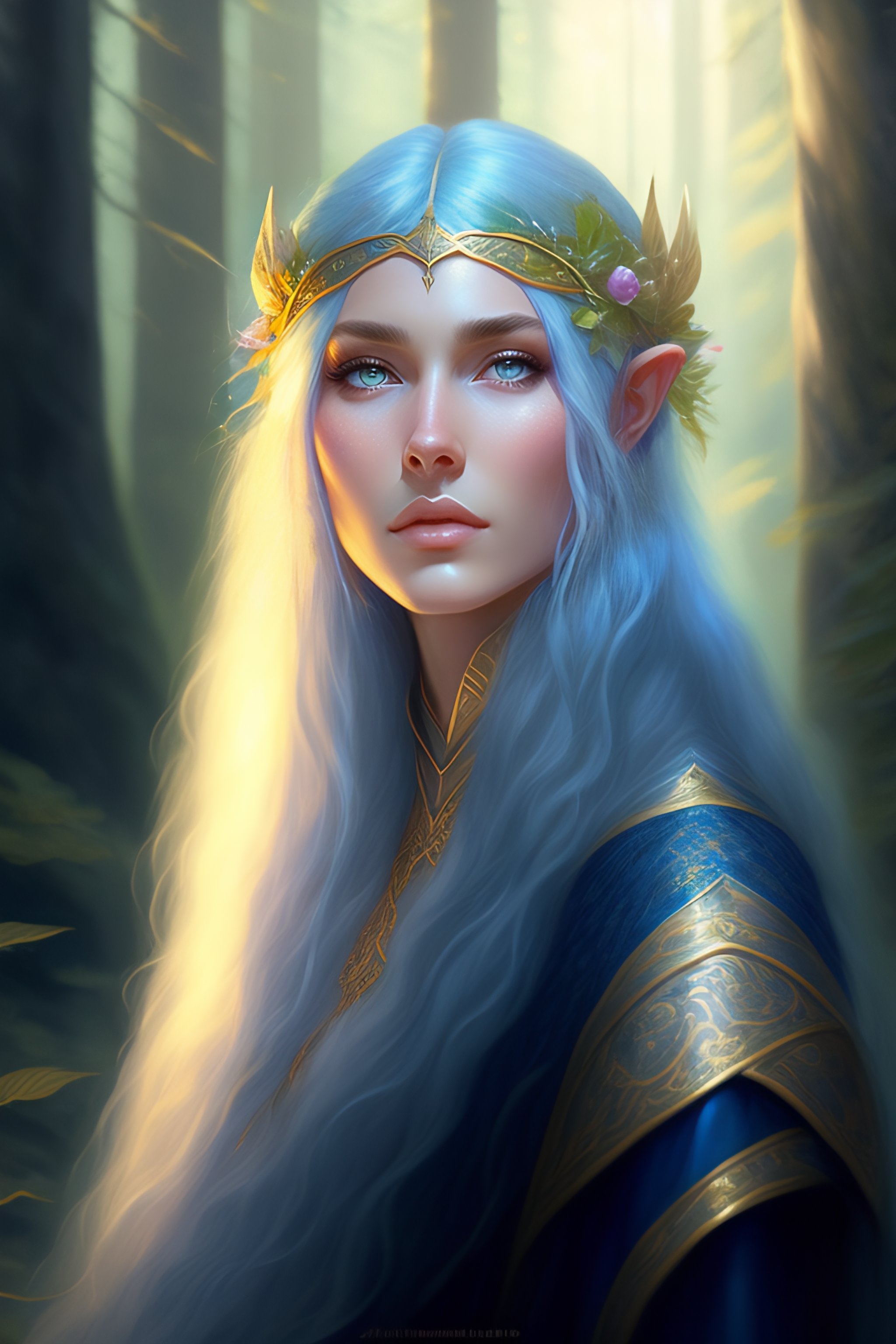 Lexica - A cute wizard elven, blue long hair, golden eyes, in a forest ...