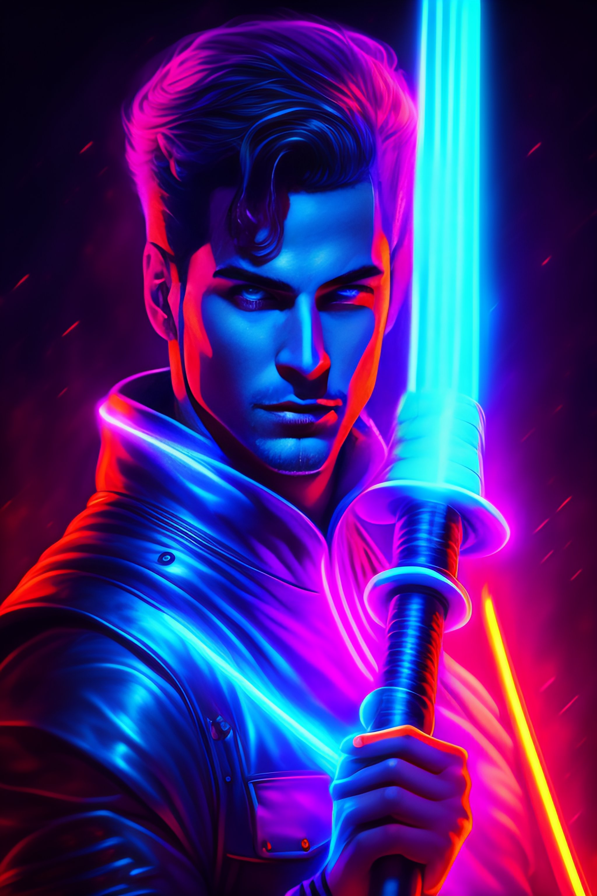 Lexica - Synthwave Portrait of demon holding nether sword. Neon lights