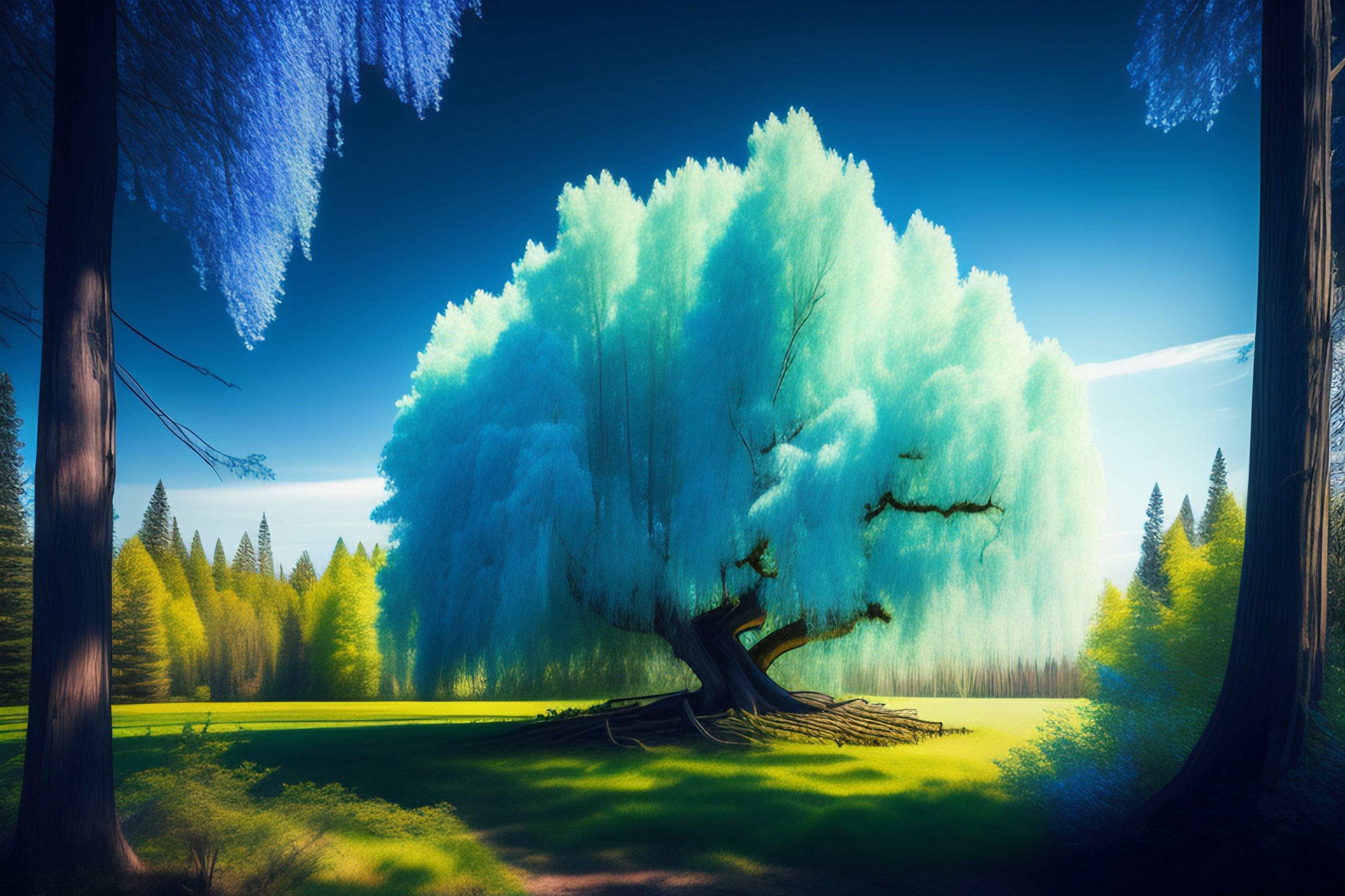 Lexica Glowing big willow with long branches and blue flowers in the