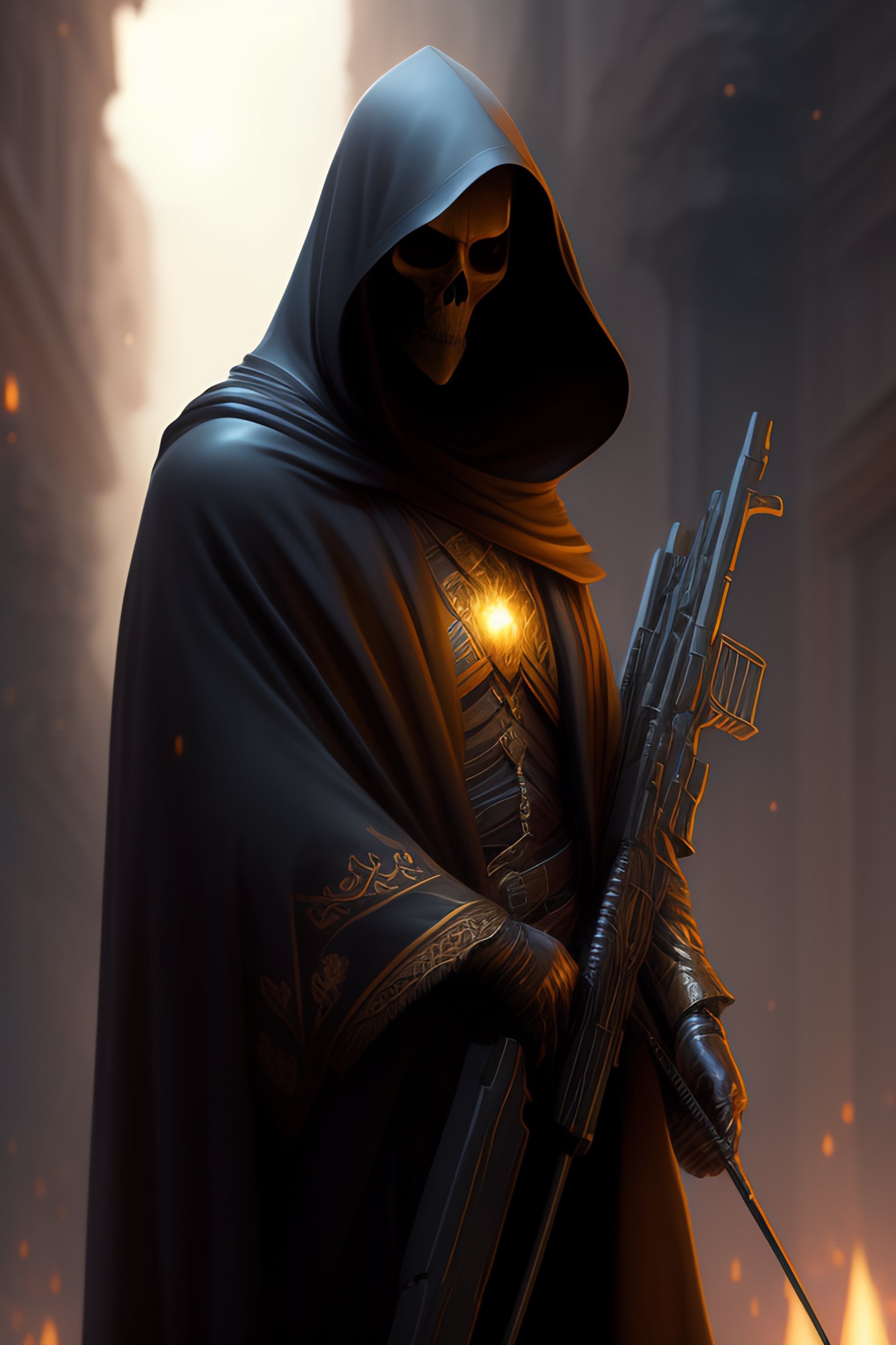 Lexica - Grim Reaper in a hood holding sniper rifles, portrait, highly ...