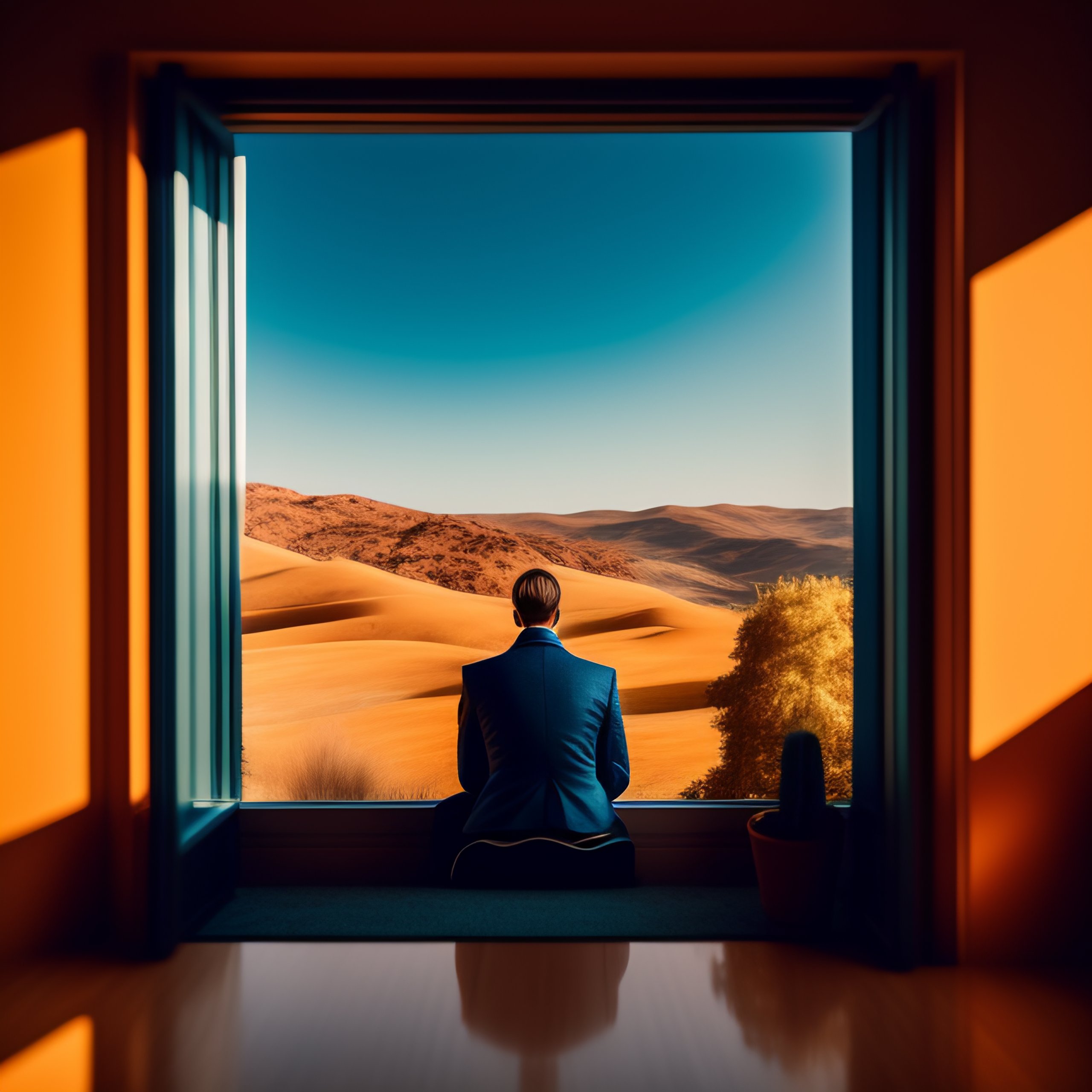 Lexica - Photography of a man sitting on his desk. sideway. wes