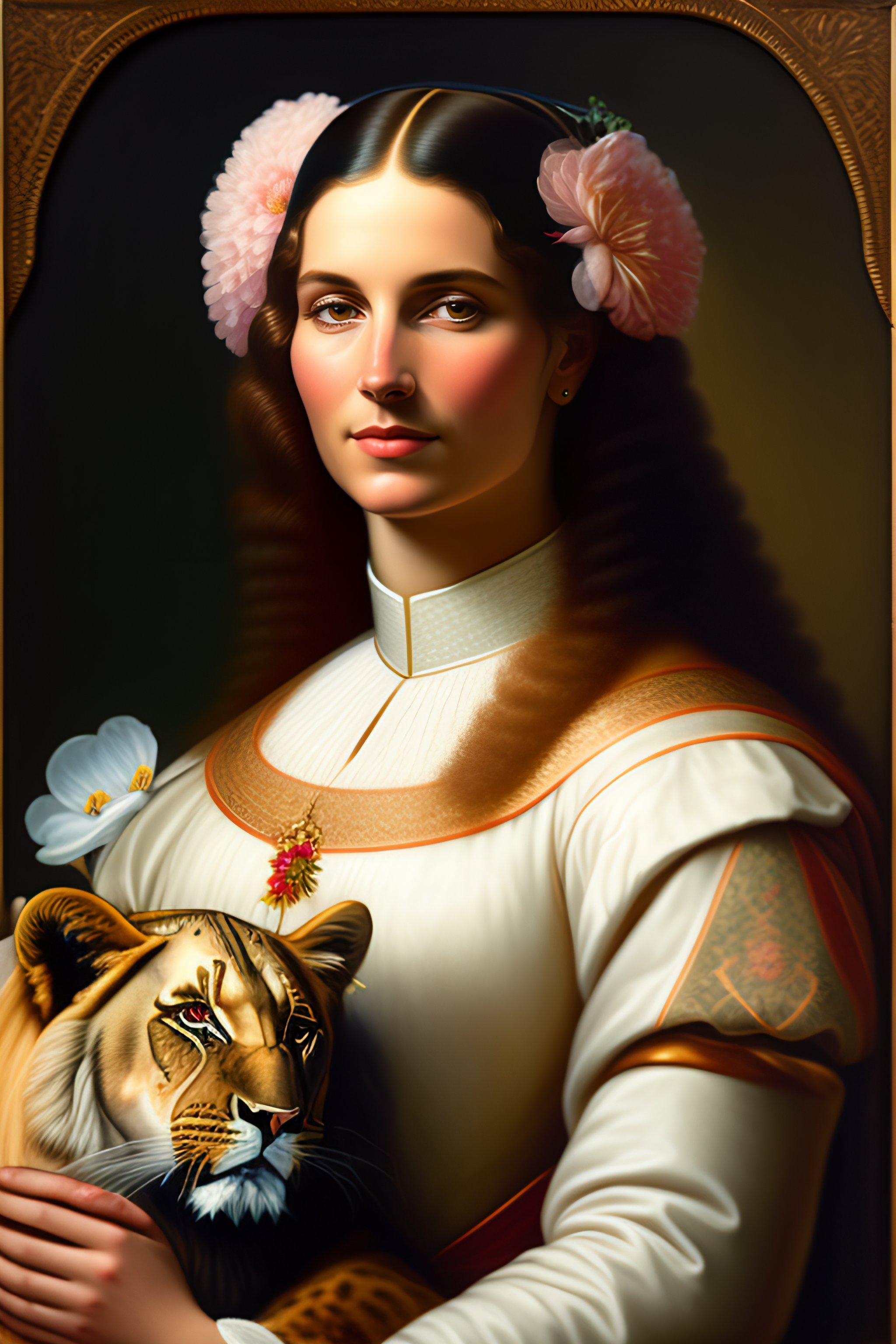 Lexica - Portrait of a woman holding a lion in one hand and a flower in ...