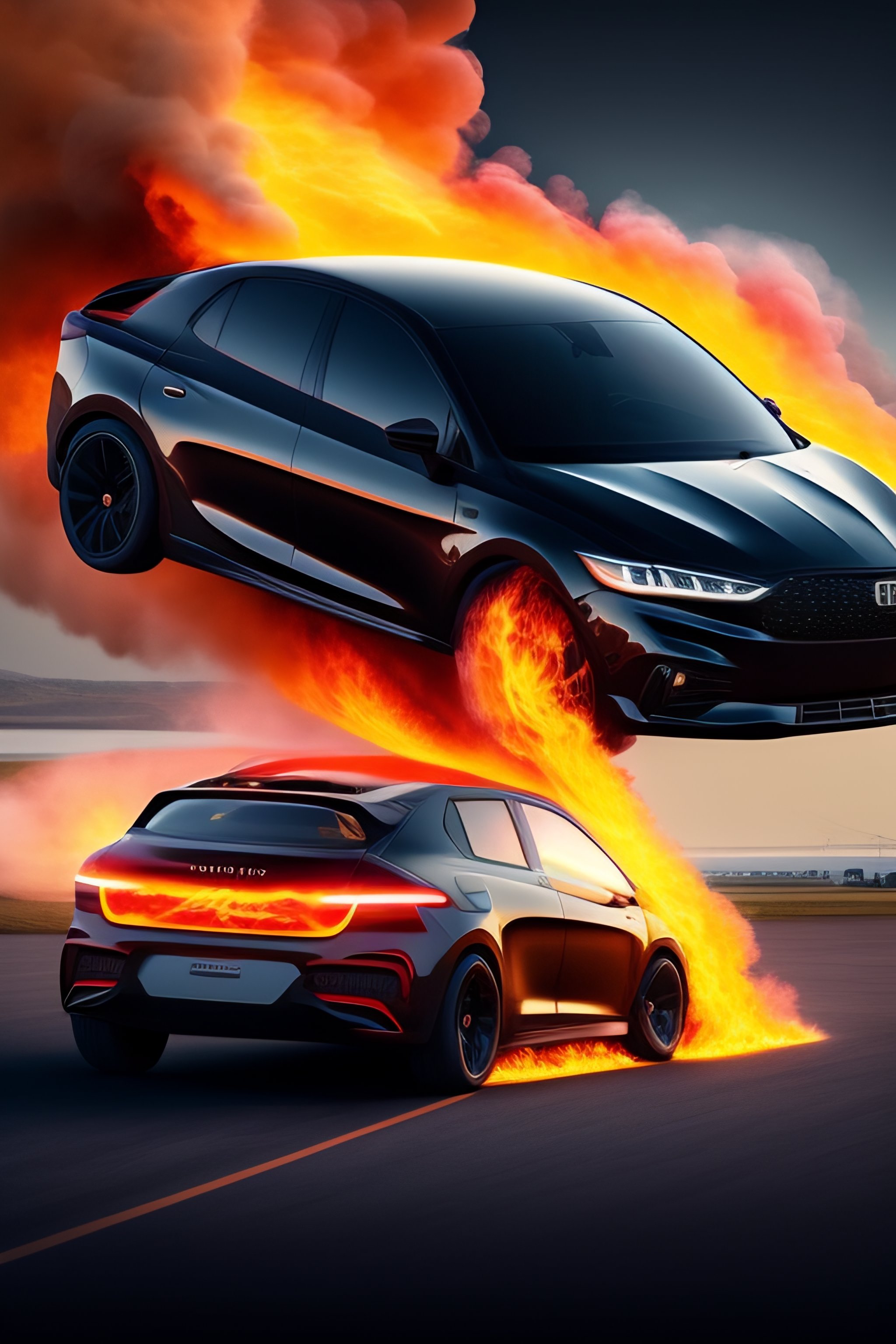 Lexica - A burning flying car inflames of fire, night rider
