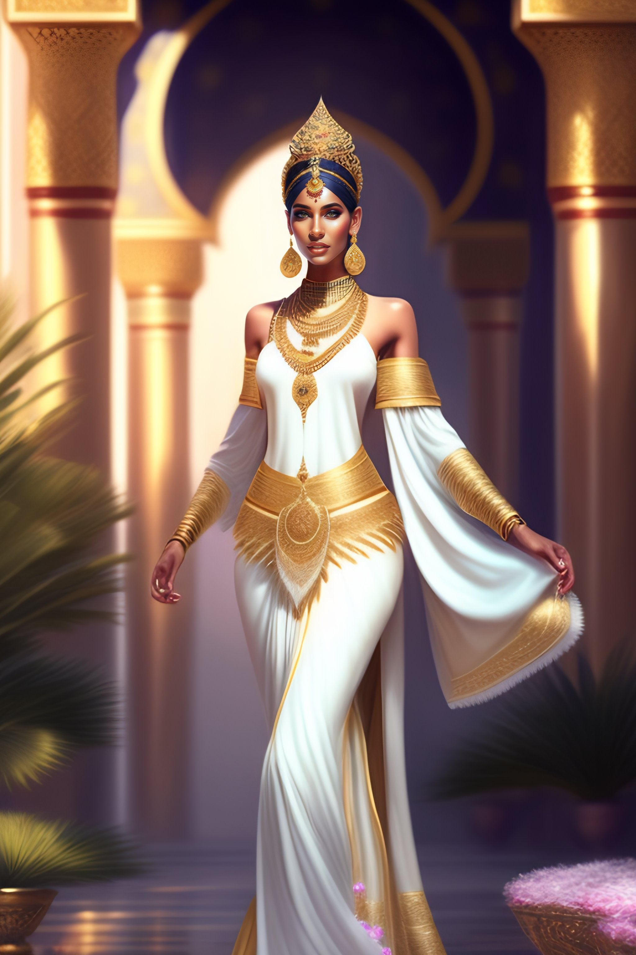 Lexica Beautiful Arabian Princess Wearing White Clothes And Gold Jewels Dancing In Palace Near