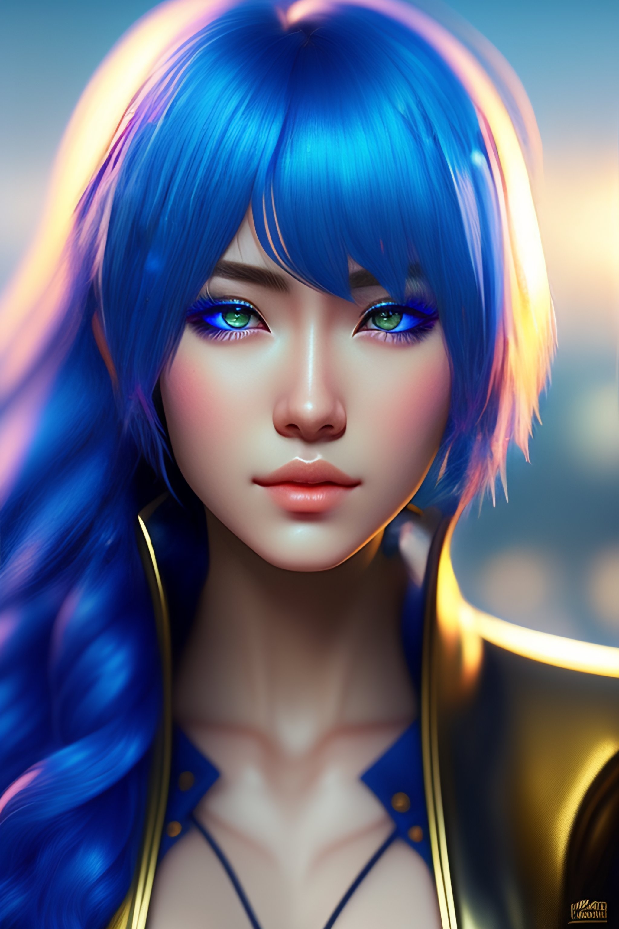 Lexica - Portrait of an anime character hyper realistic blue hair gold eyes