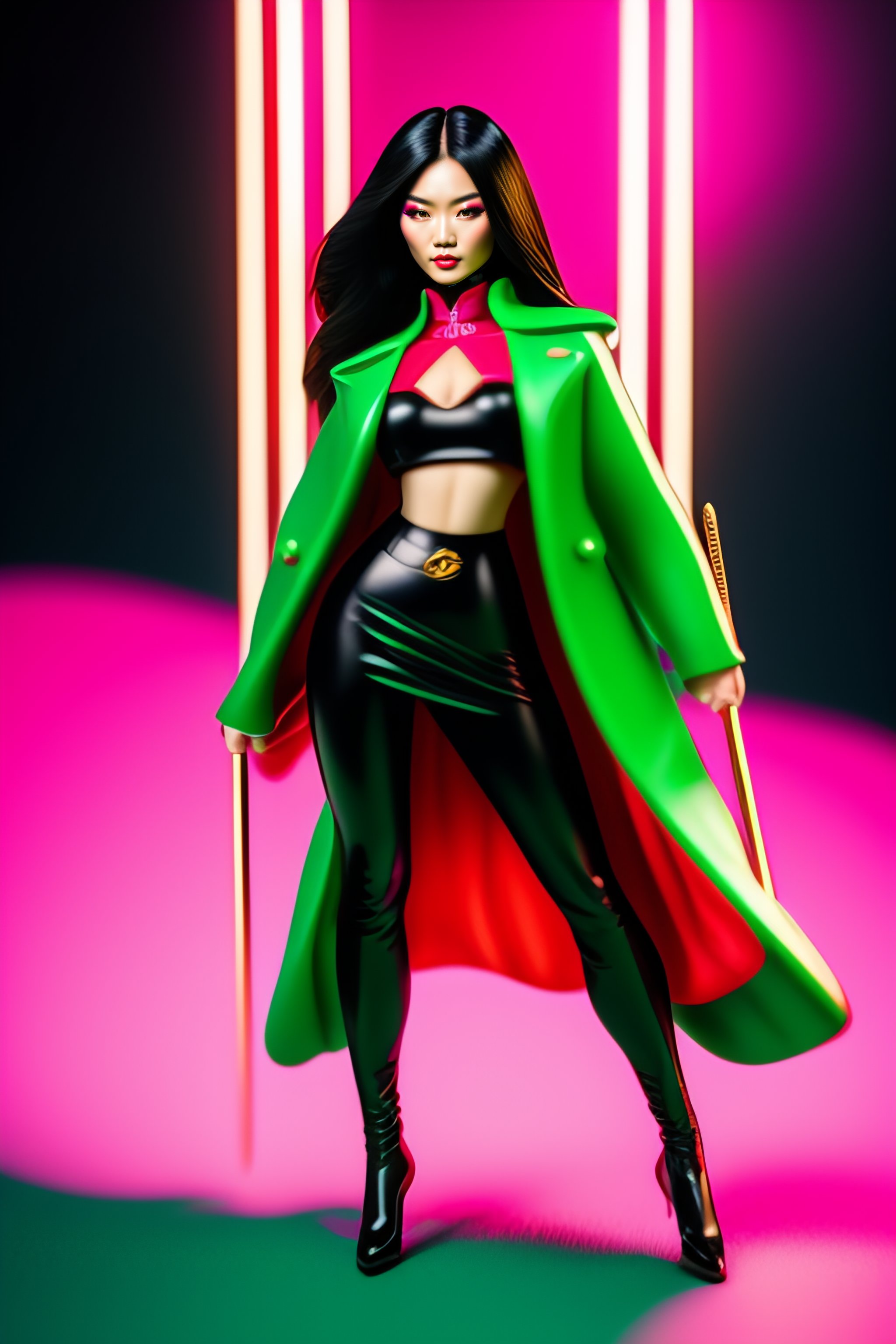 Lexica - Pretty Chinese female superhero in sleek pink coat, black leggings,  black stretch knee high boots, sparkling green eyes, long black hair sty