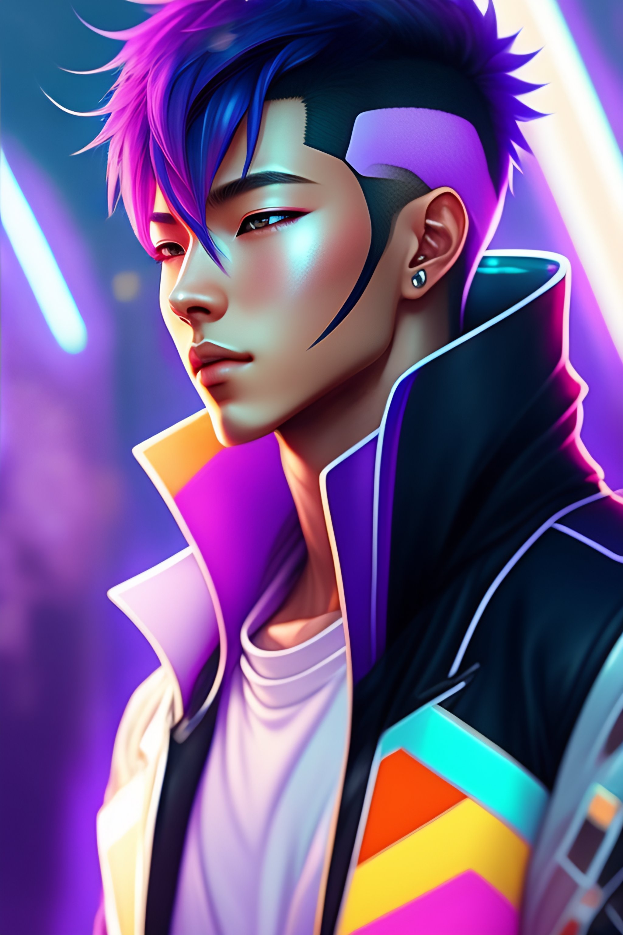 Lexica - Anime cyberpunk man with Pastel Rainbow black white short hair ...