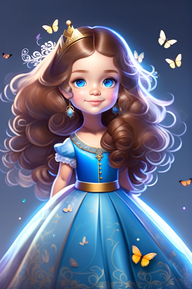 Lexica - Girl, brown, wavy hair, blue princess dress, with butterflies ...