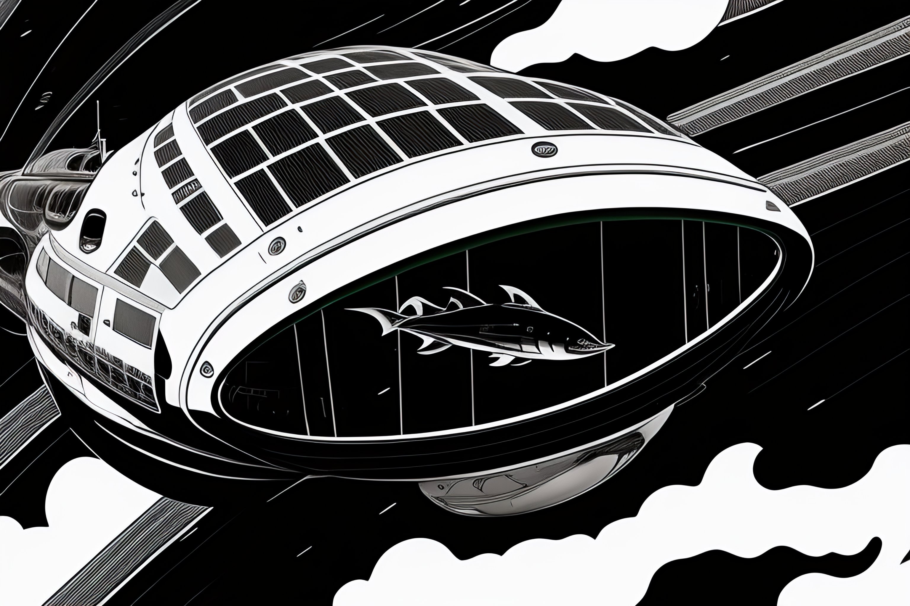 Lexica - A manga vignette of a black fish piloting a spaceship, flat ...