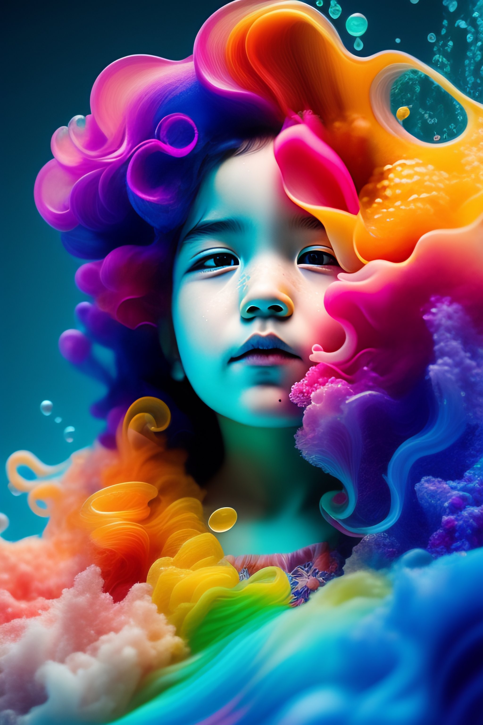 Lexica Colorful underwater ink art of a 10 year old girl, Romantic