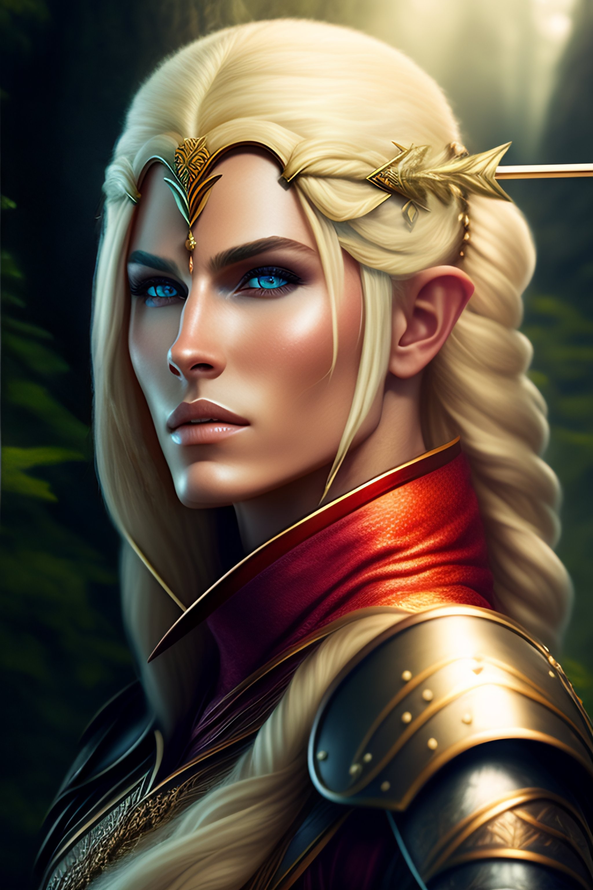Lexica - Midjourney style, A blond elf with bow and arrow in a wood