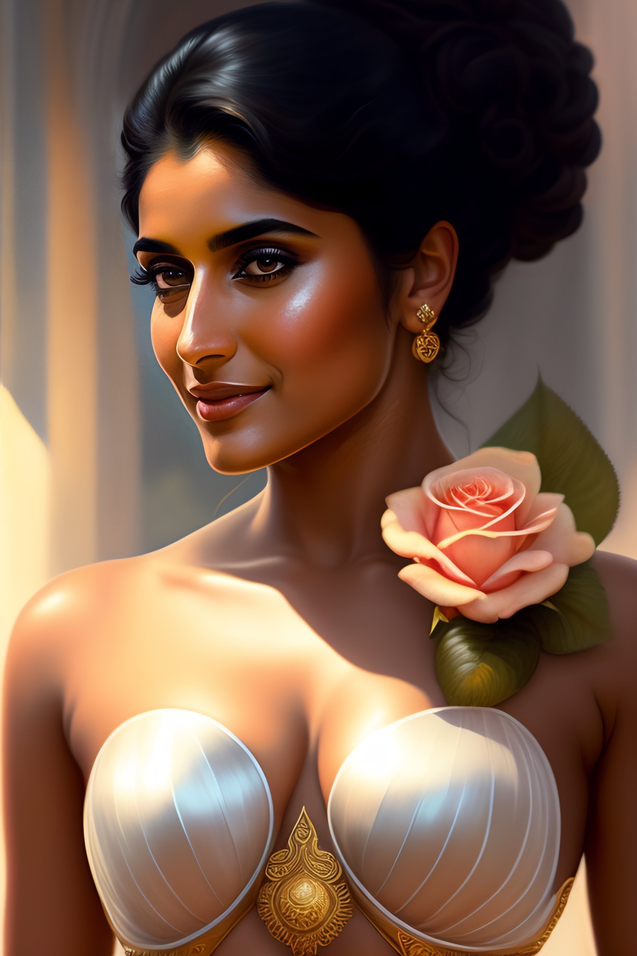 Lexica - Spanish woman niveda thomas, smelling a flower, roses everywhere, highly  detailed, silver bra with golden line design, big bra, digital pain