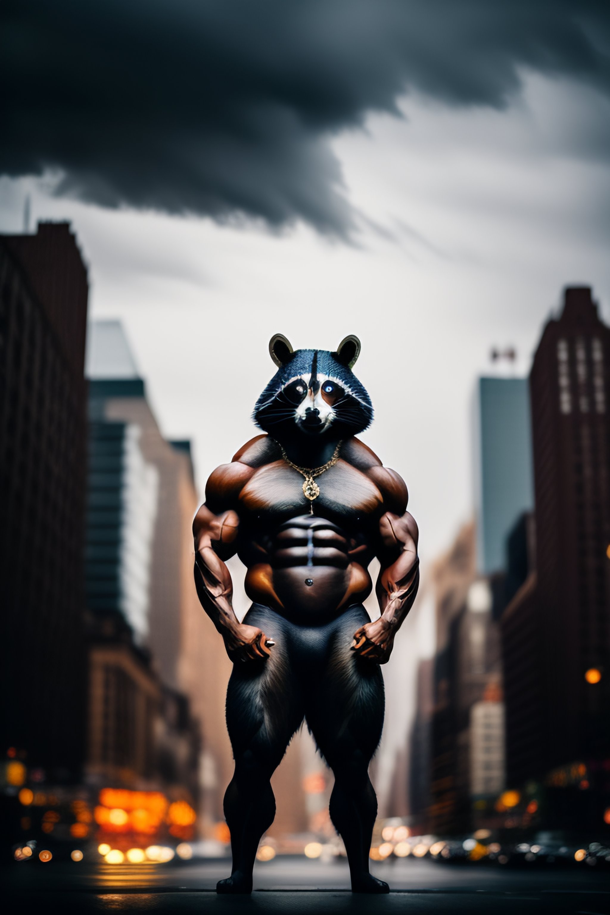 Lexica - A giant muscular racoon as tall as a building, in new york ...