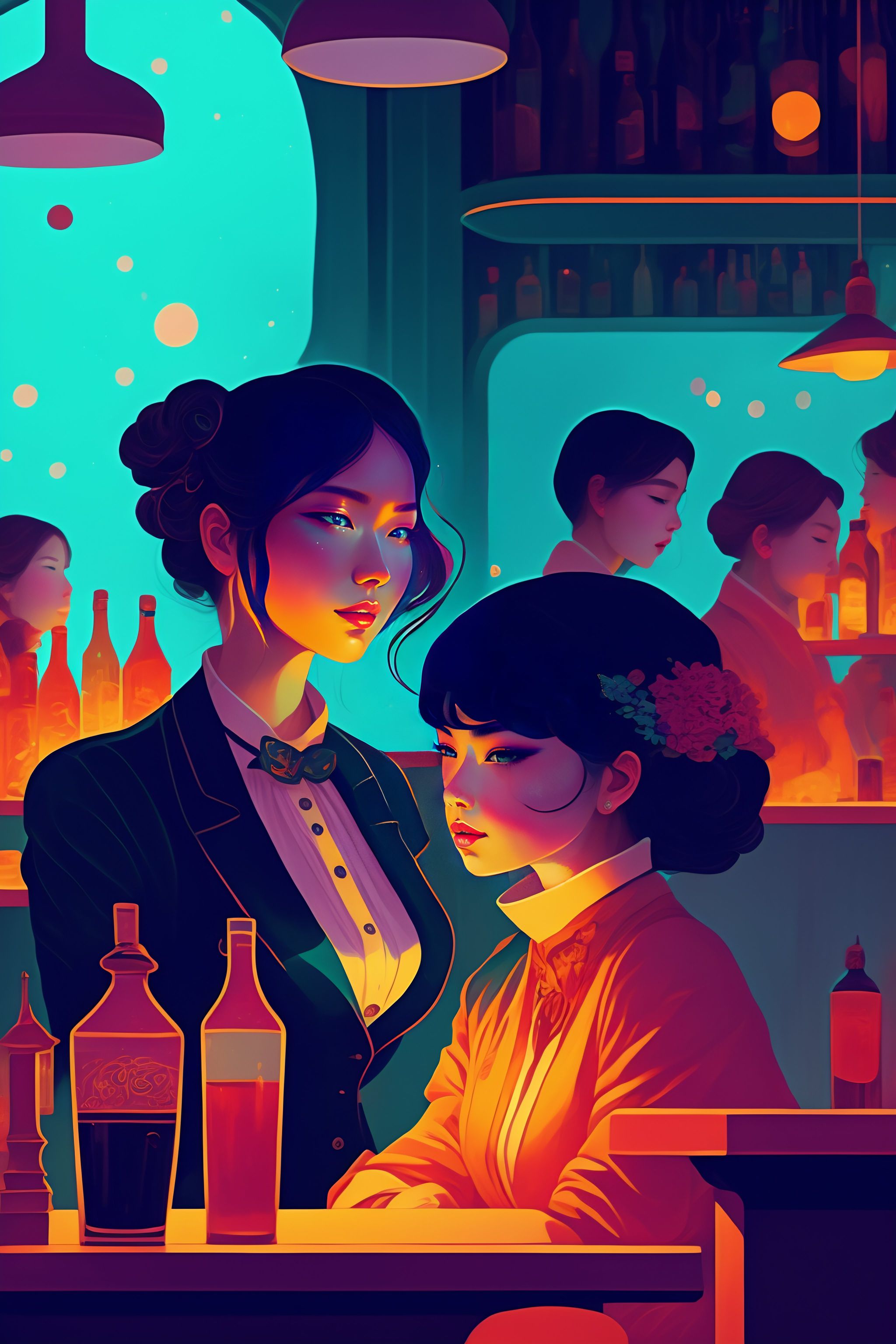 Lexica - Beautiful young girls at a bar, epic scene, by victo ngai ...