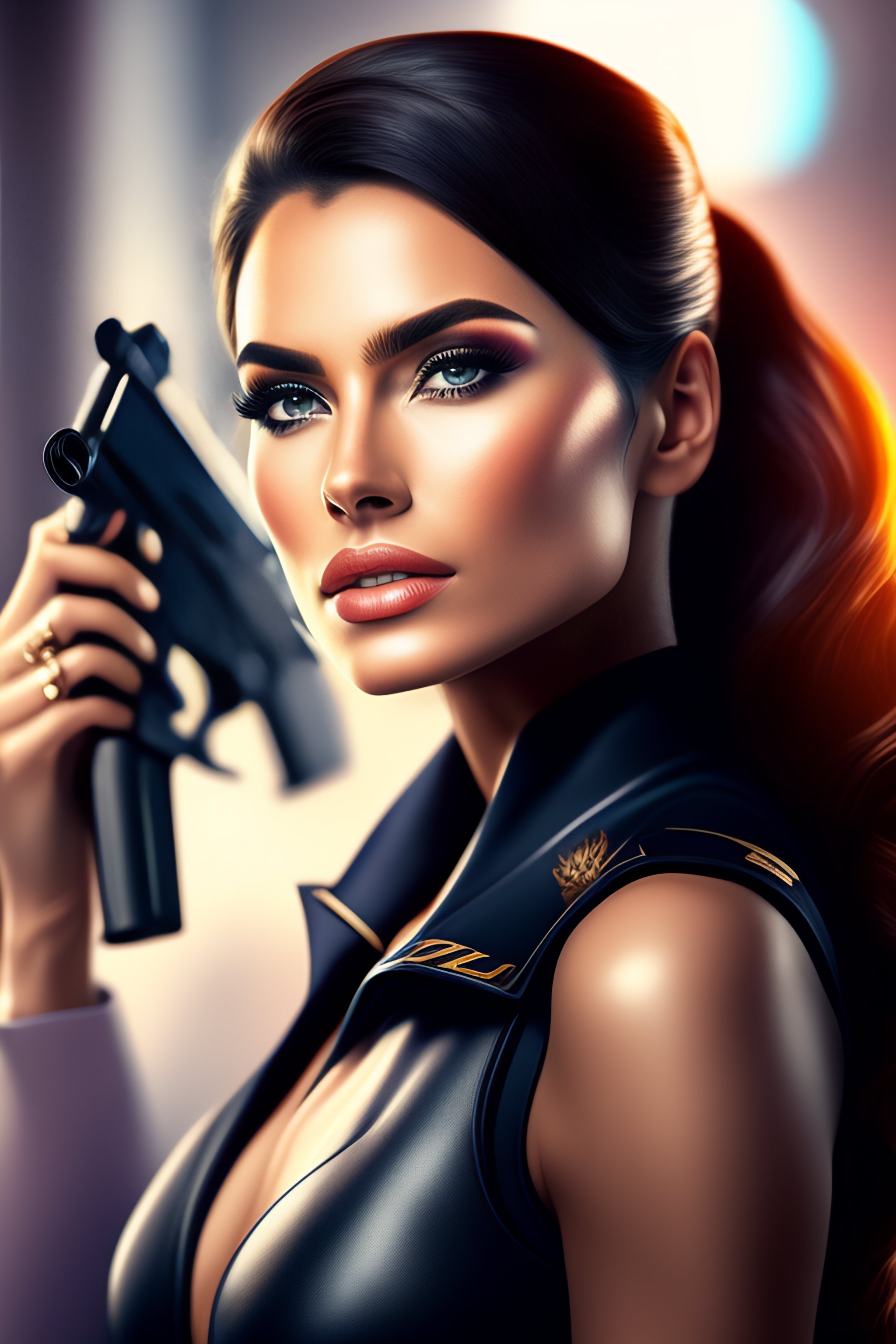 Lexica - Beauty police woman with a gun, a character side portrait ...