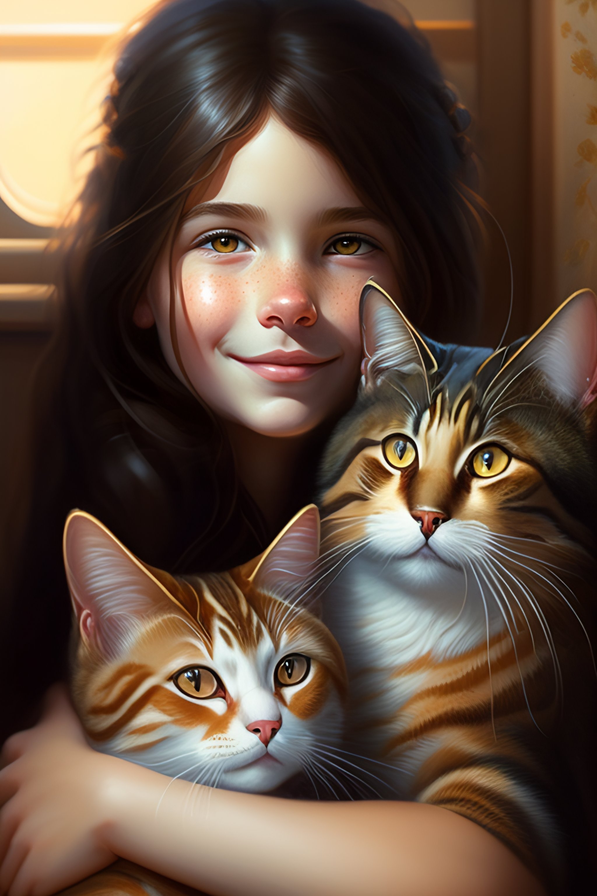 Lexica - A detailed portrait of a cute calm brunette girl hugging a ...