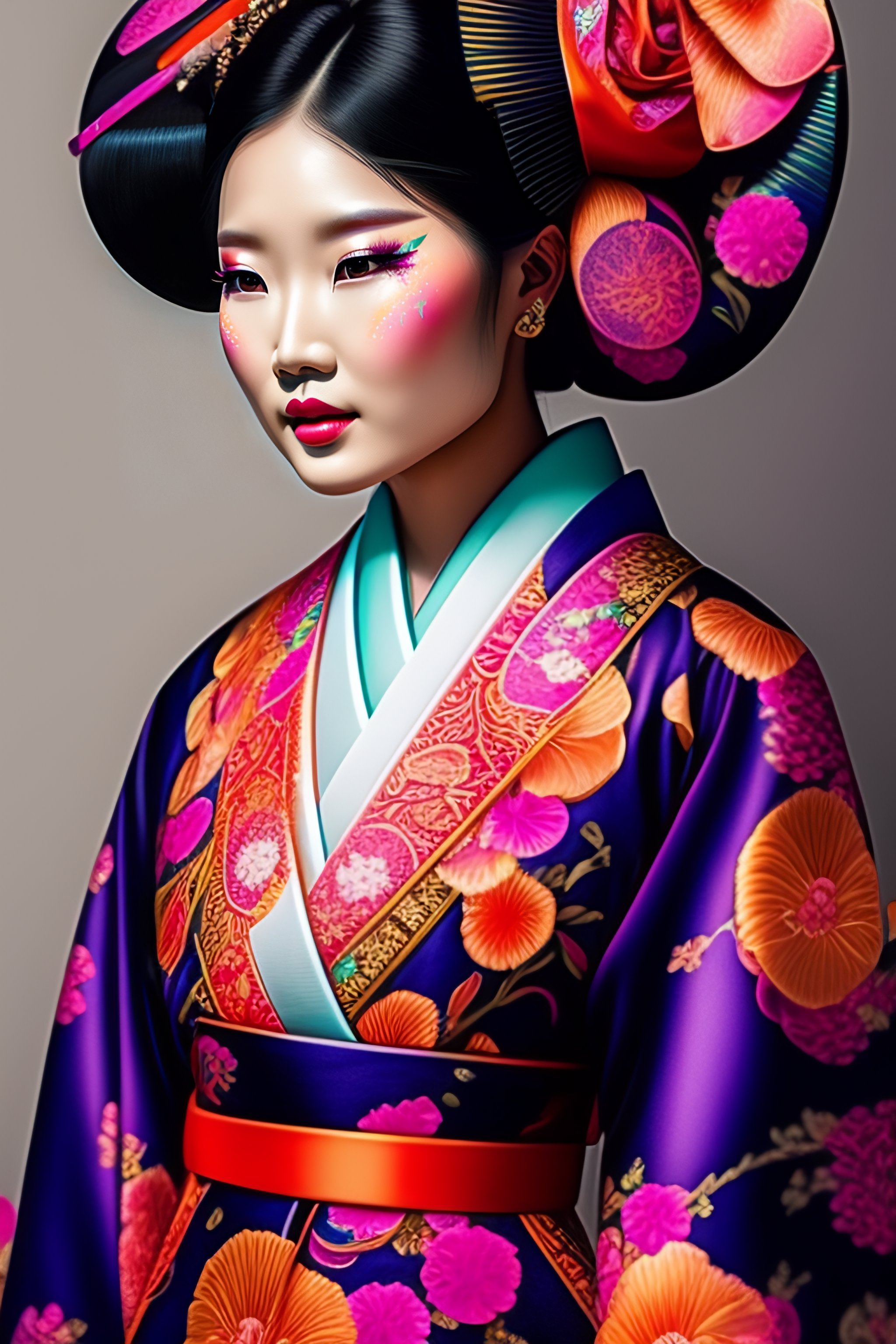 Lexica - Detailed kimono and geisha bow portrait, in ocular neon colors ...