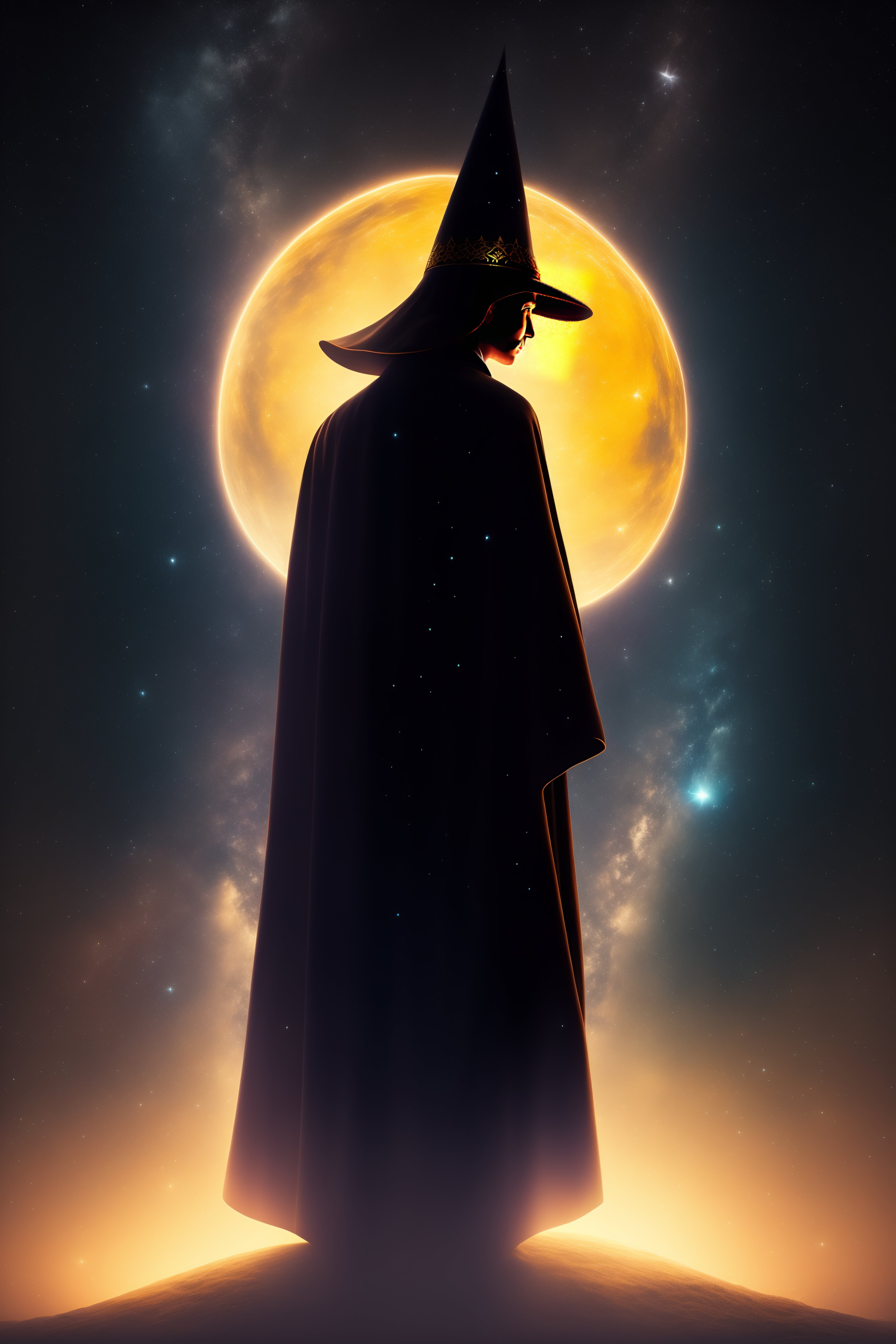 Lexica - Silhouette of a wizard in a robe and pointed hat on a ...