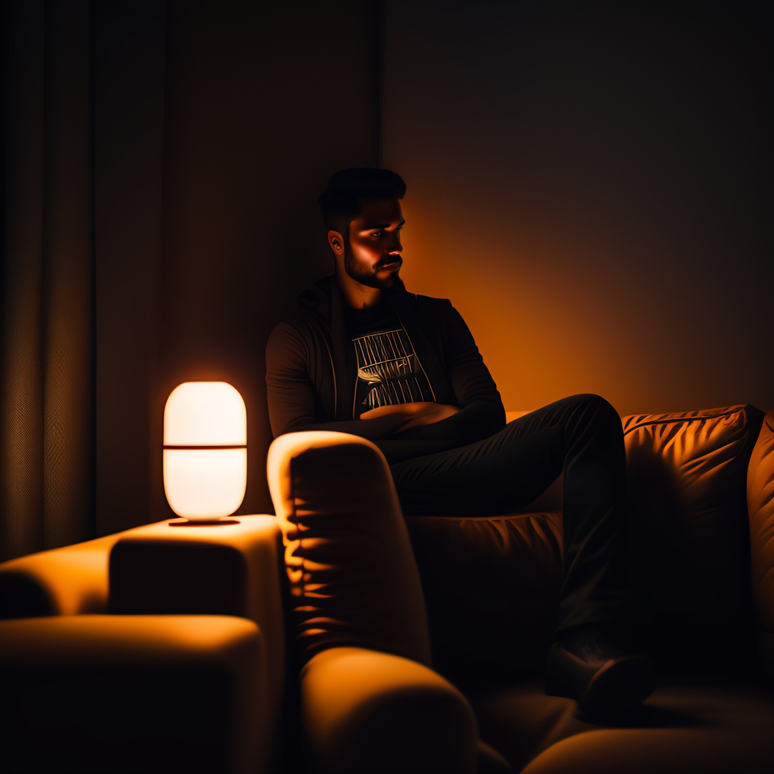 Lexica A man sitting on a couch in a dark room with pitchblack