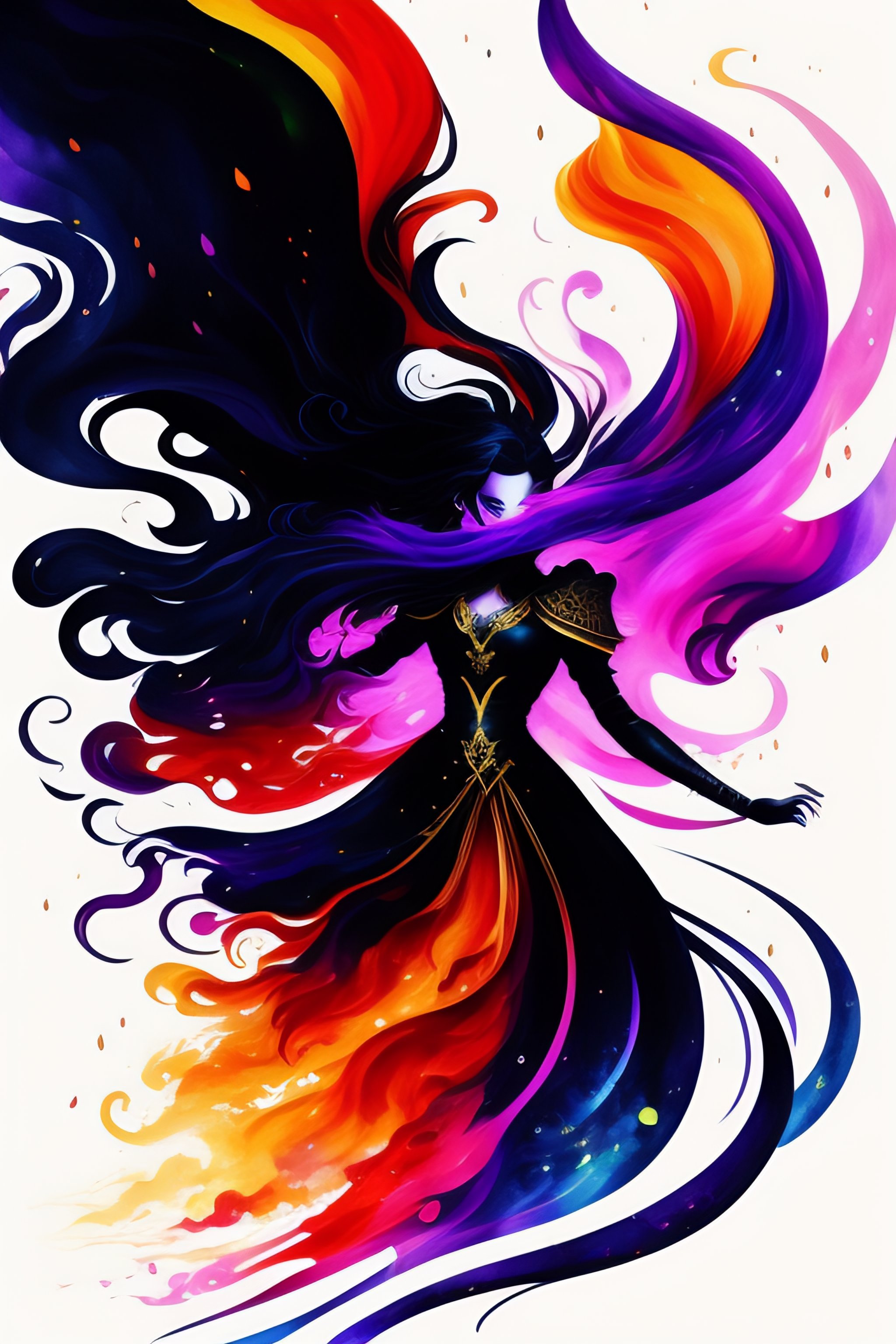 Lexica - Watercolor style, beautiful black witch fighting deamon ...
