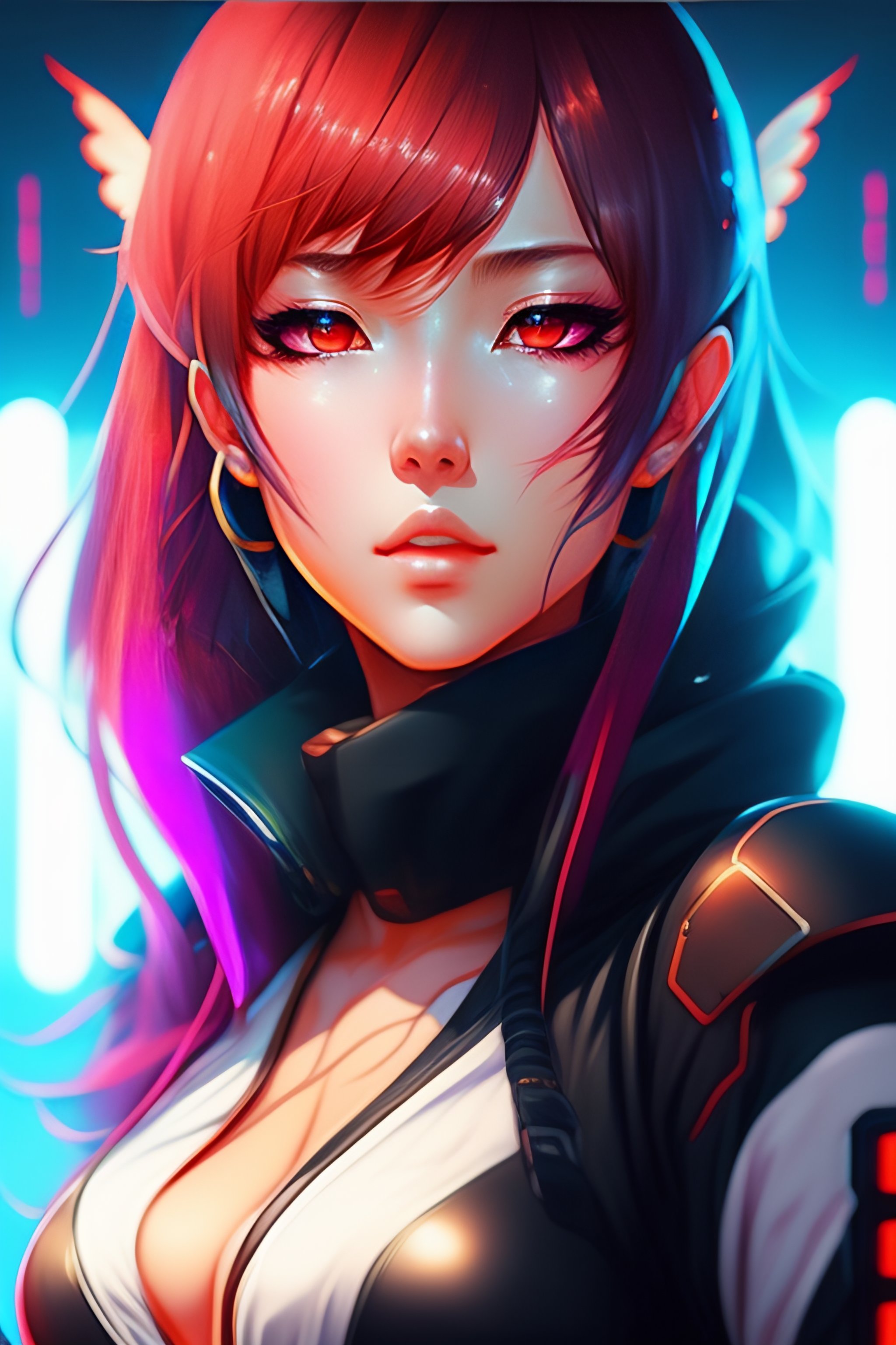 Lexica - Digital cyberpunk anime character concept art, gorgeous anime girl  symmetrical face, small female android cyborg - angel, glowing red left e