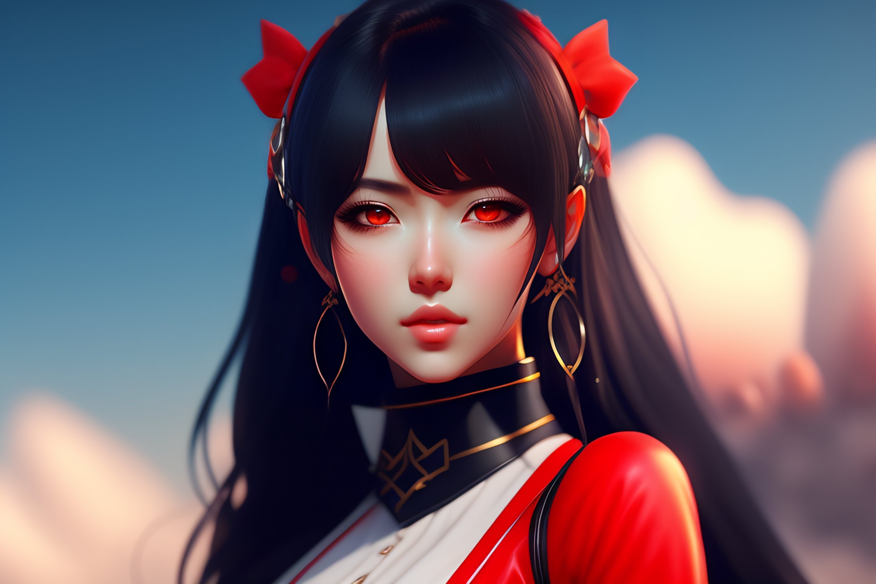 Lexica - Cute anime girl with red eyes black hair wearing black-red outfit  costume, black hair, black leather choker, in the beautiful landscape,  pho