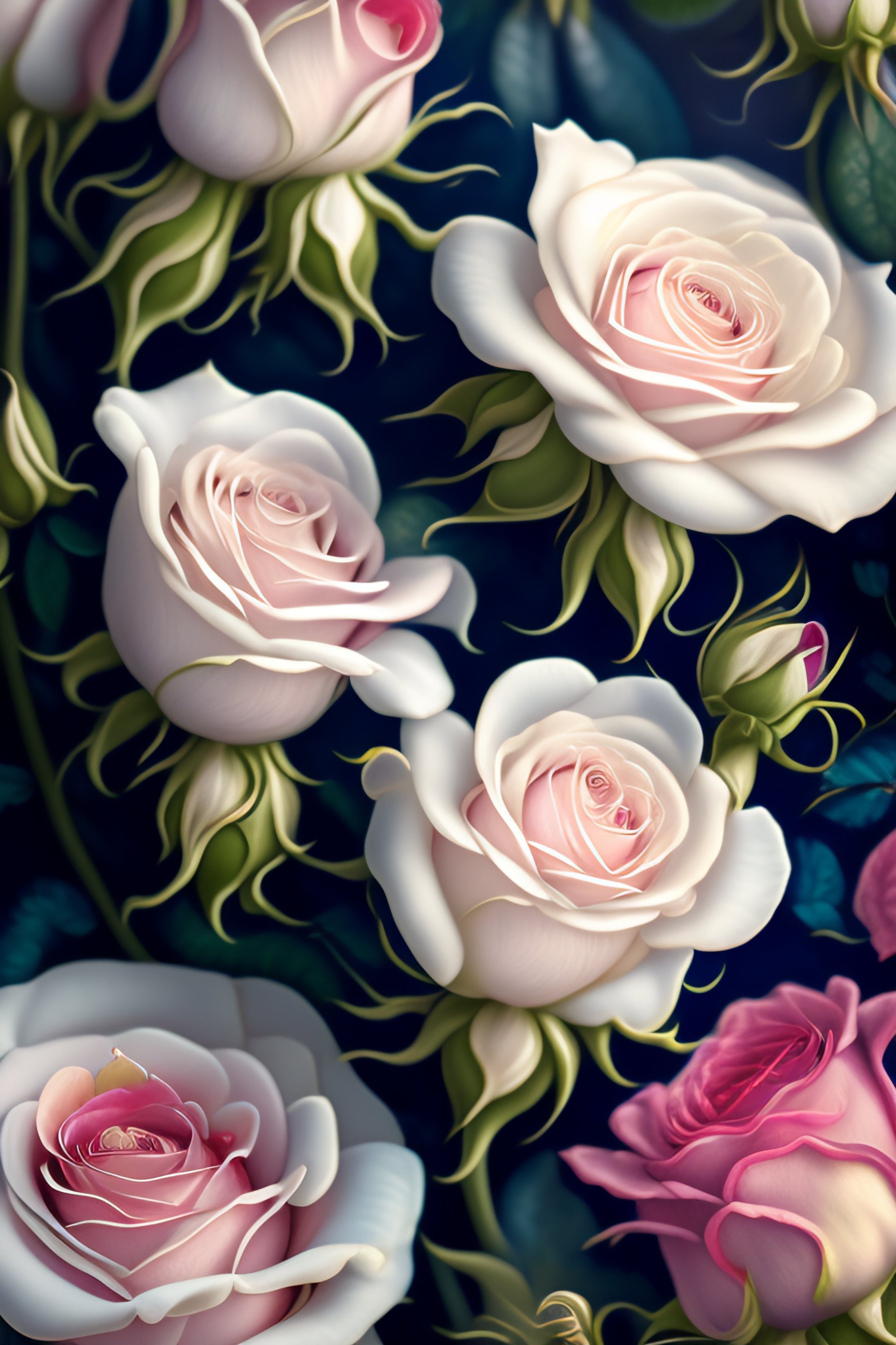 Lexica - An ultra hd detailed painting of many white and blur roses by ...