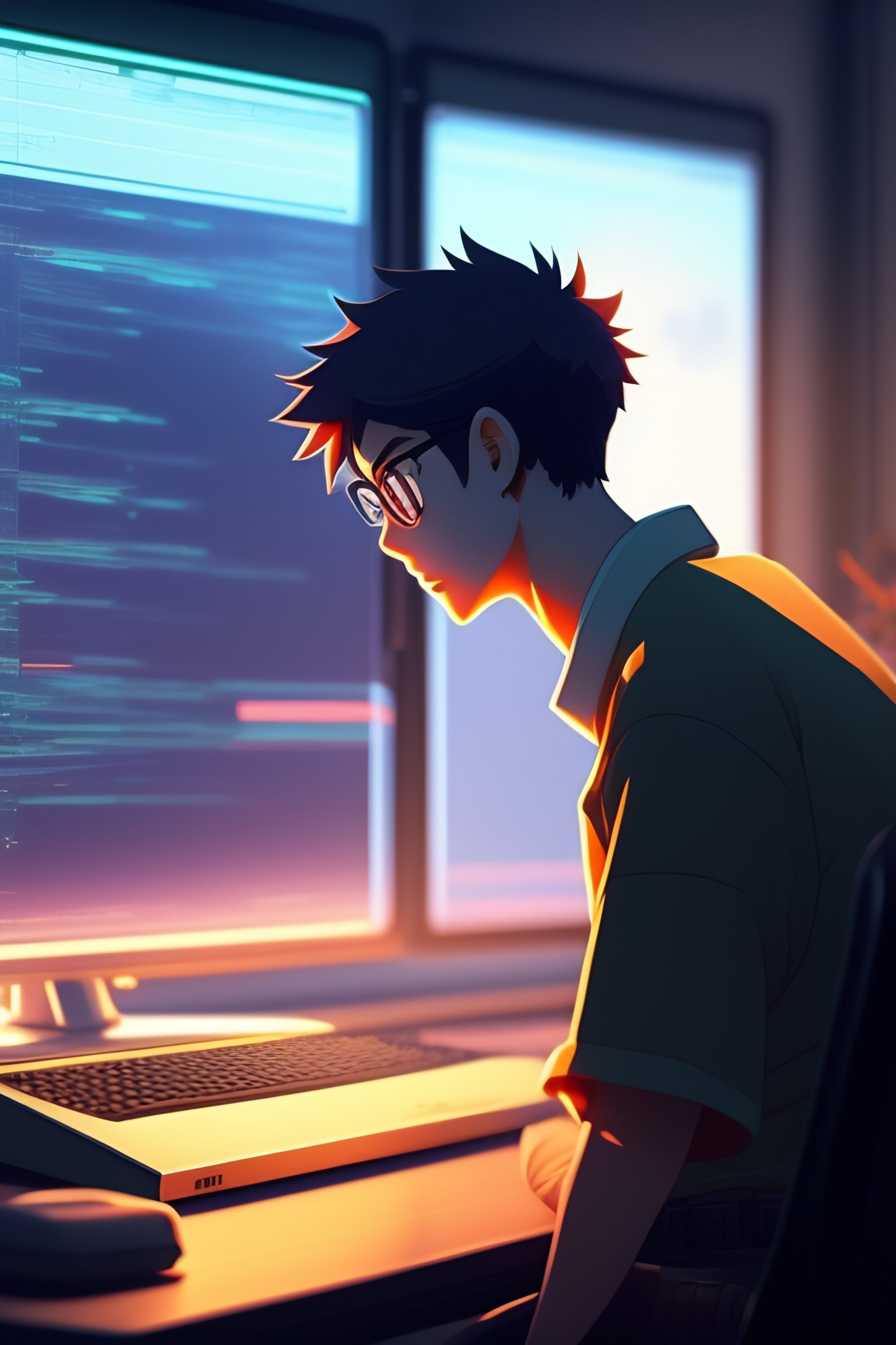 Lexica - A nerdy anime boy is using the phone scrolling in instagram in a  room full of gadgets, by makoto shinkai and ghibli studio, dramatic  lightin