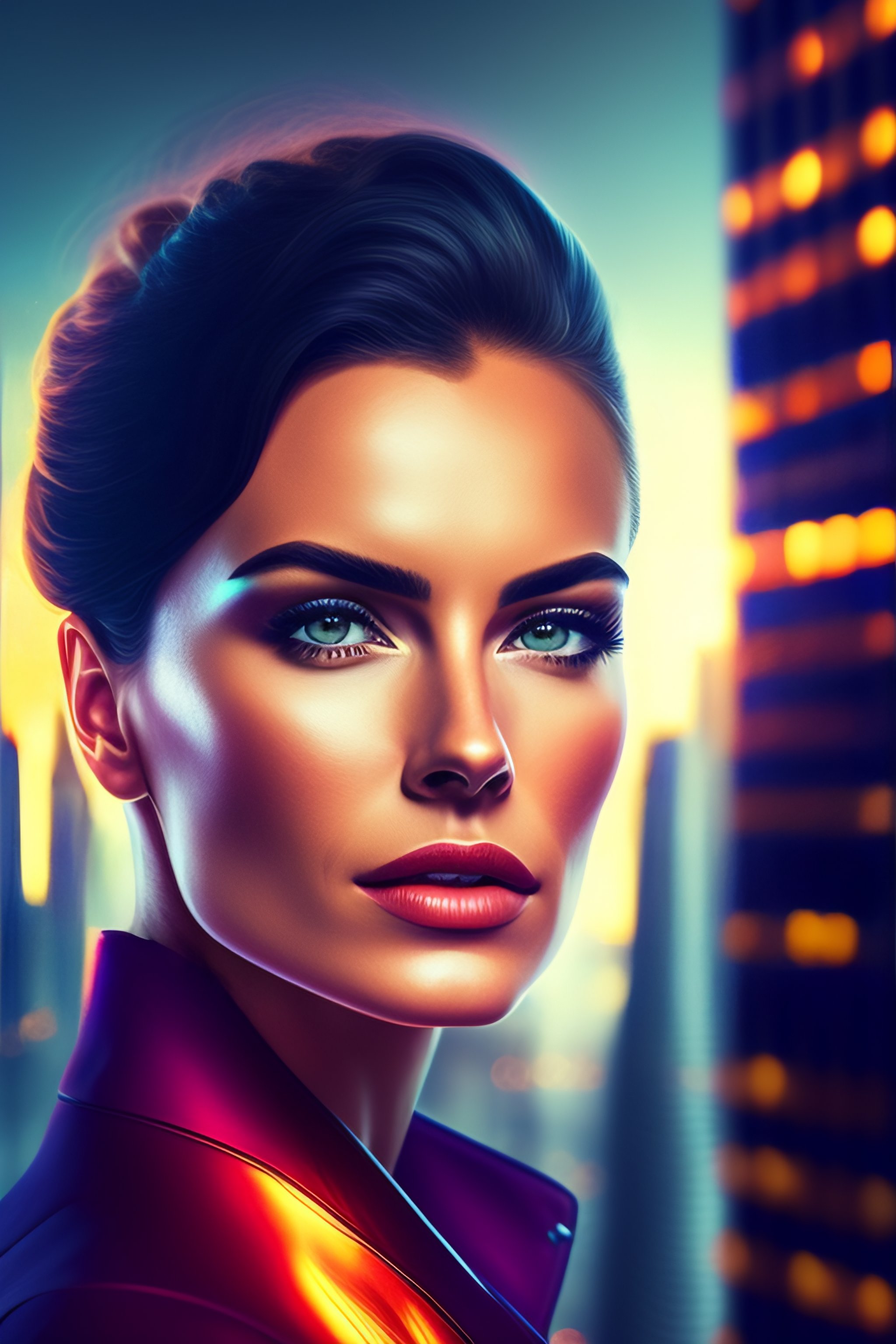 Lexica - In the portrait, woman stands atop a skyscraper, her fists ...