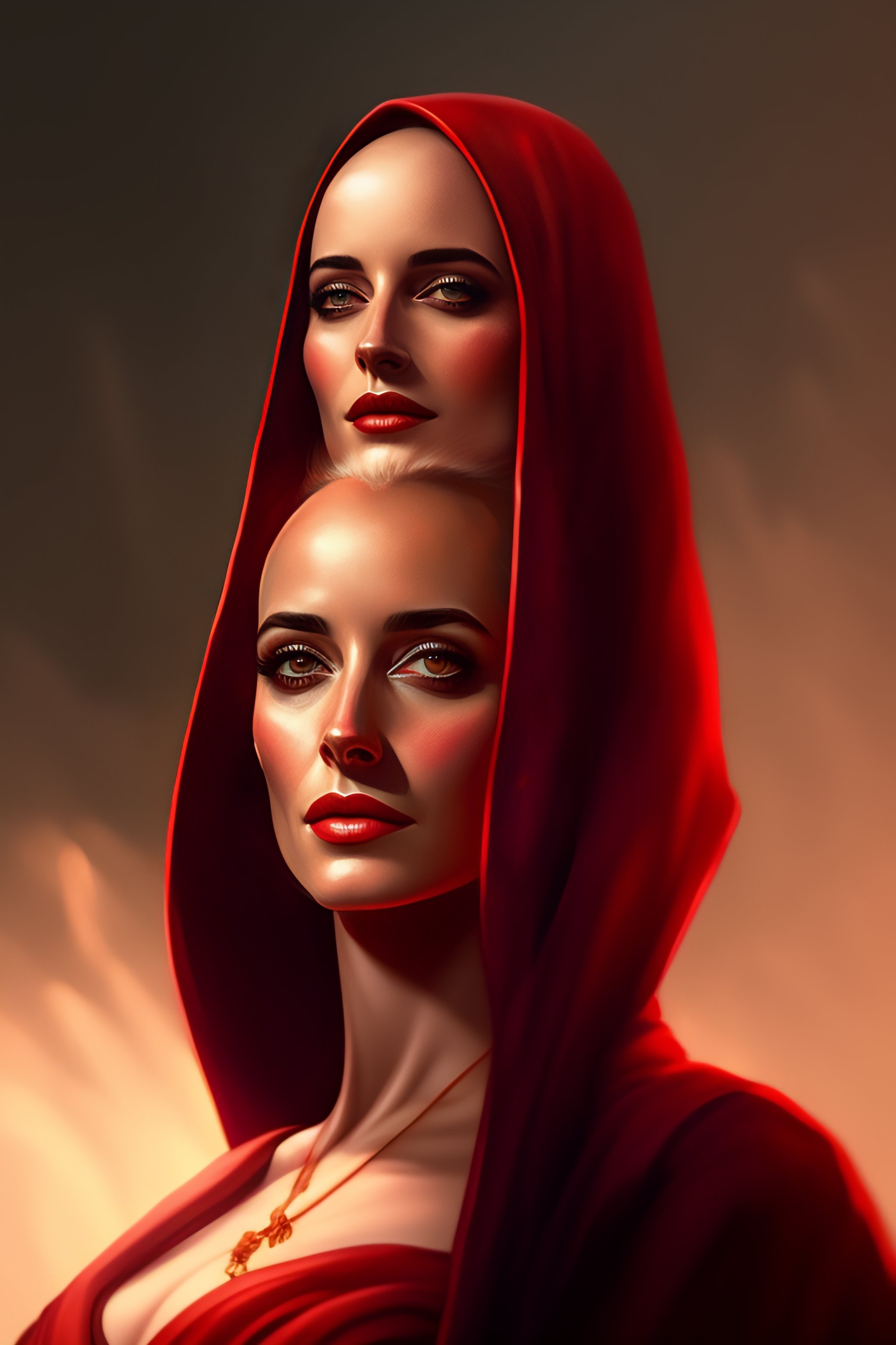 Lexica - Bald young pale woman, eva green , bald, dark red robes, sly  smile, noble, sinister, jewelry, shadows, meditation, dangerous, digital  painti...