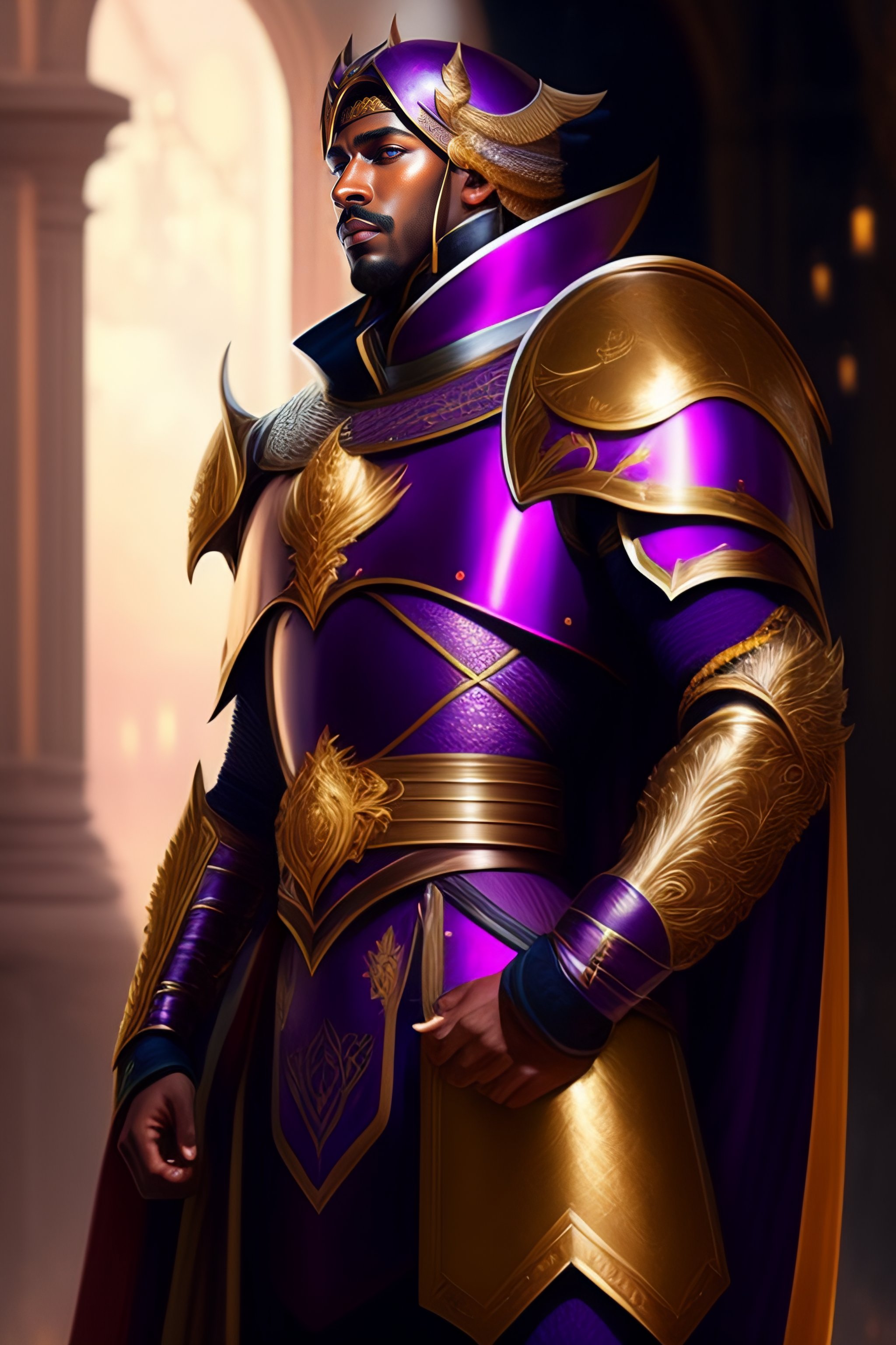 Lexica - Painting of a robust knight in full purple and gold Armor ...