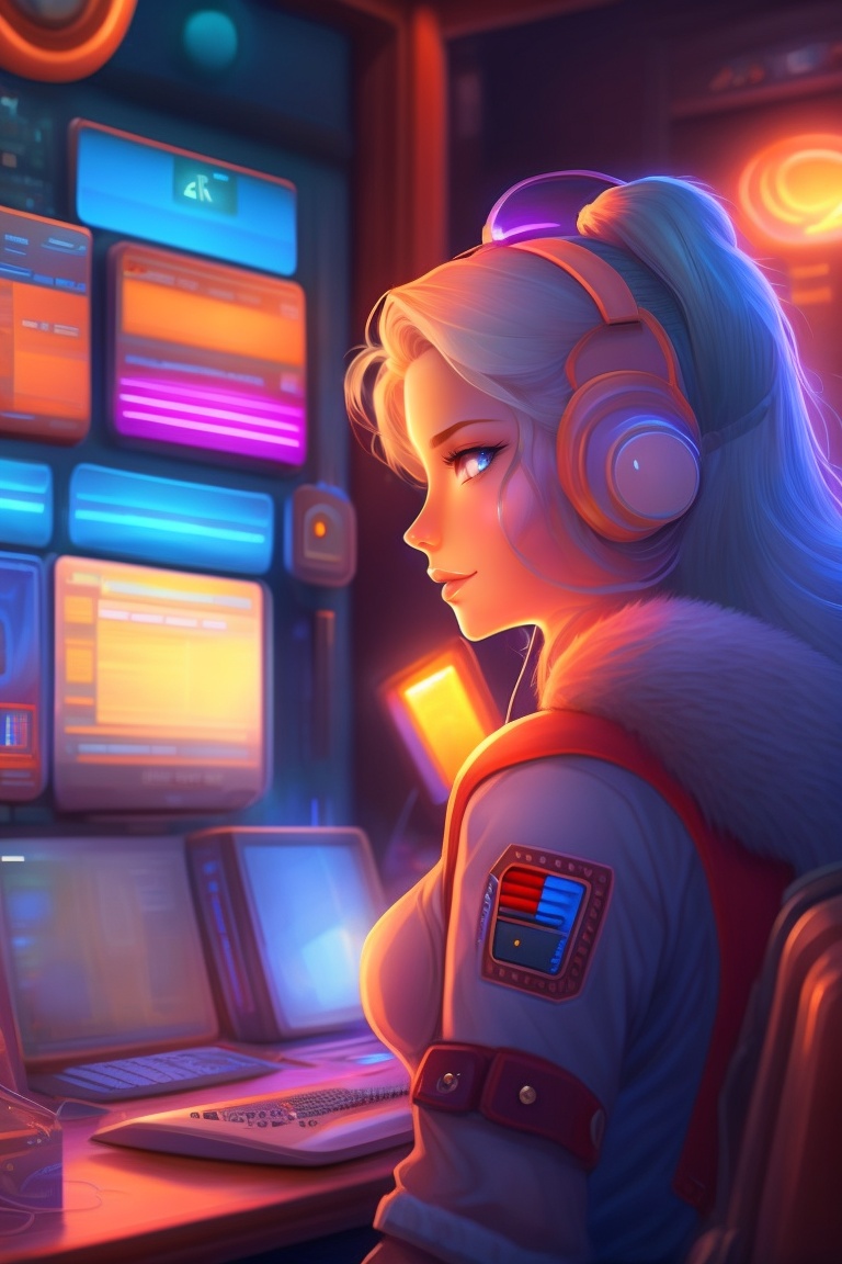 Lexica - Woman Working At Computer And Computer Behind Her, Neon Lights 