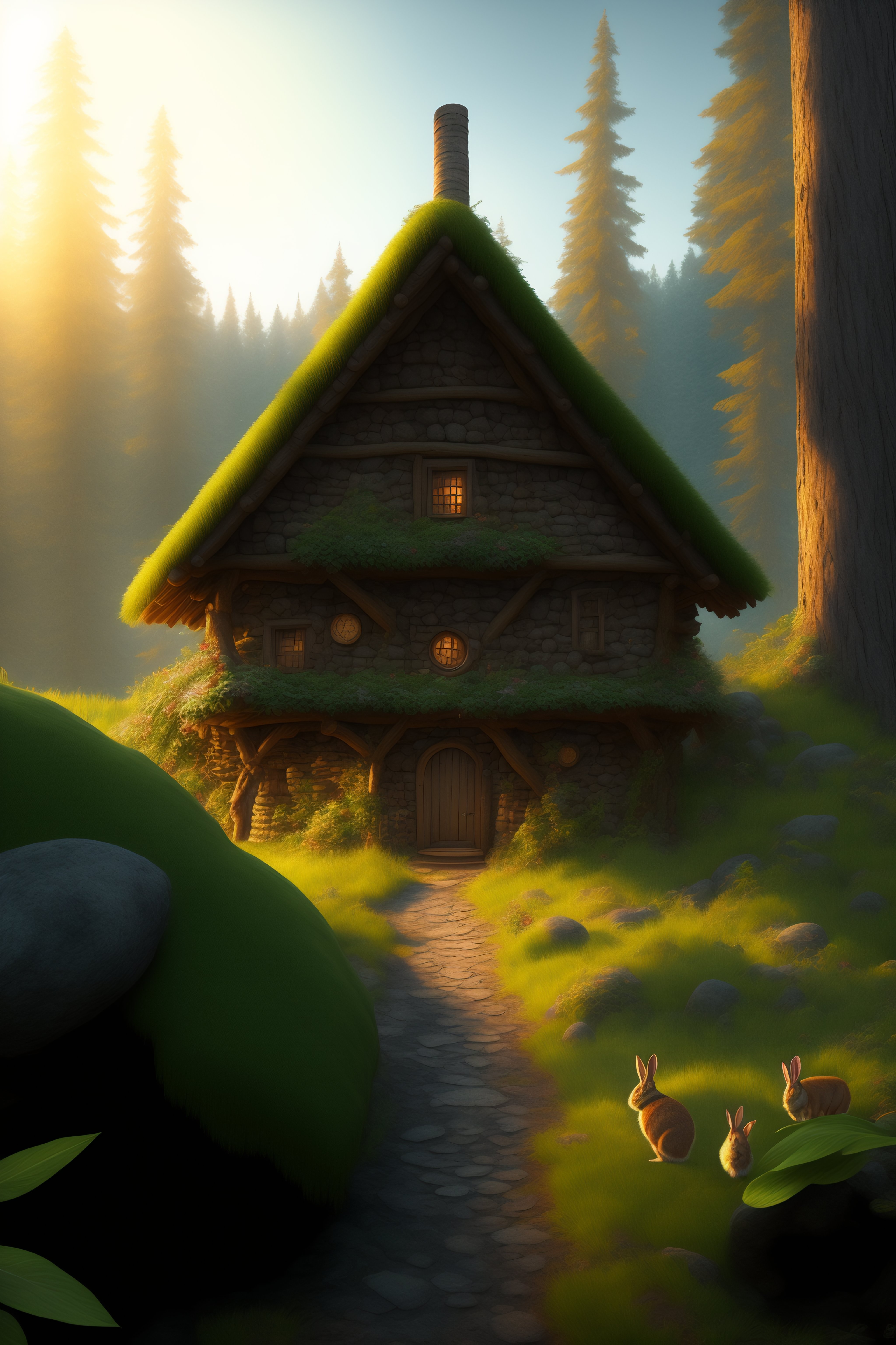 Lexica - Establishing a wide shot of Peter's rabbit home in the forest.