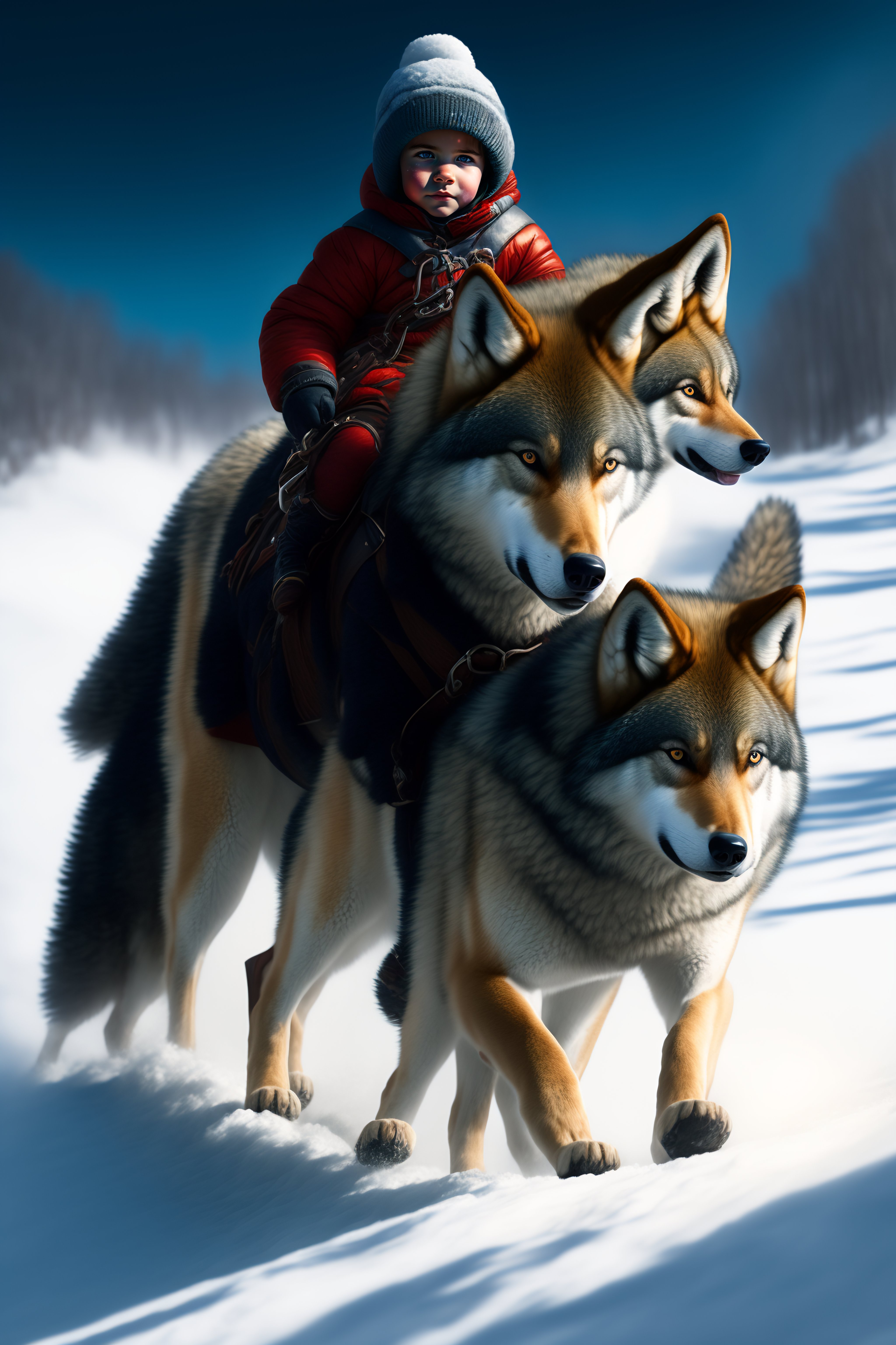 Lexica - A wolf cub in a harness, a boy and a girl on a sled, riding ...