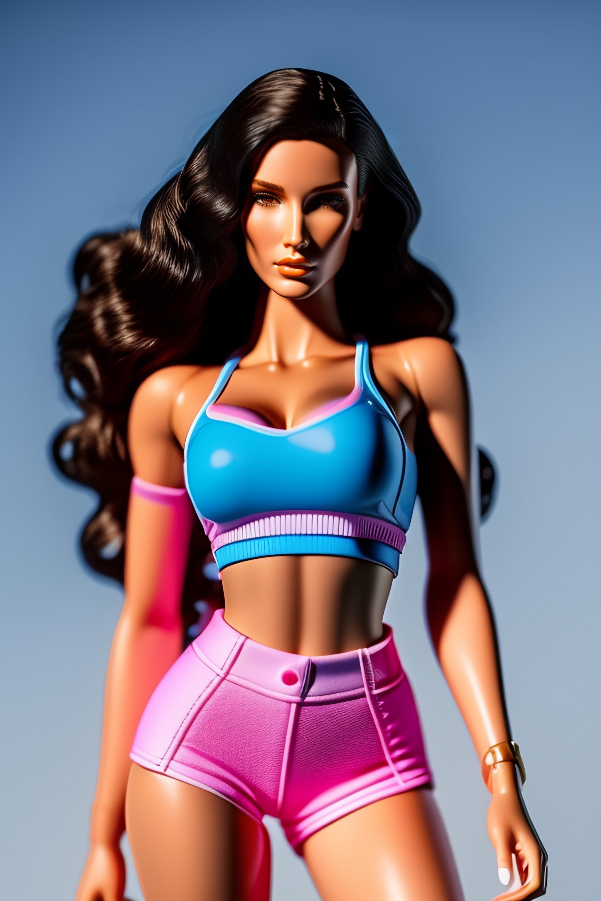 Lexica - Madison beer plastic tight barbie doll body, pretty detailed face,  shorts and pink top, tight abs, 1988 product photography, plain backgroun