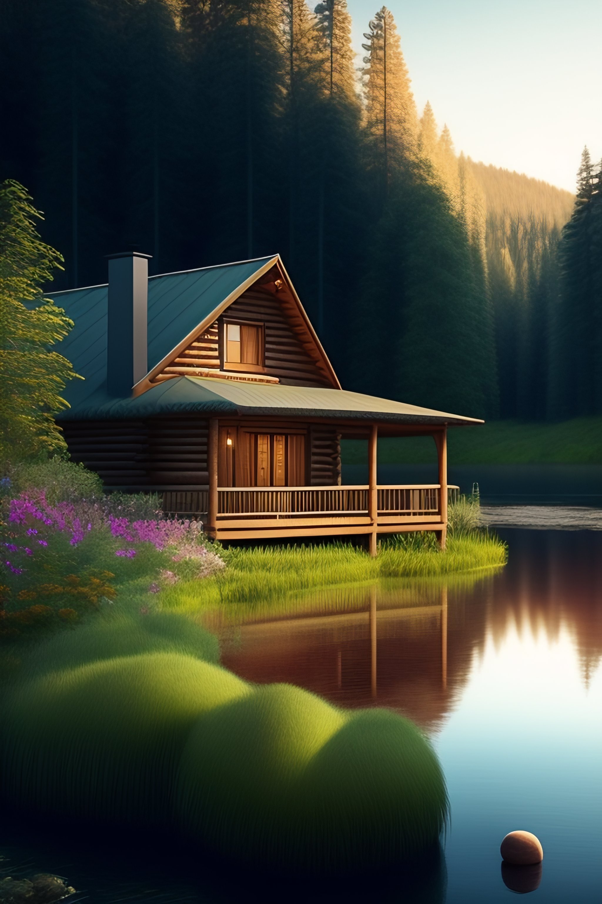 Lexica - A cozy wooden cabin sits at the edge of a peaceful river ...