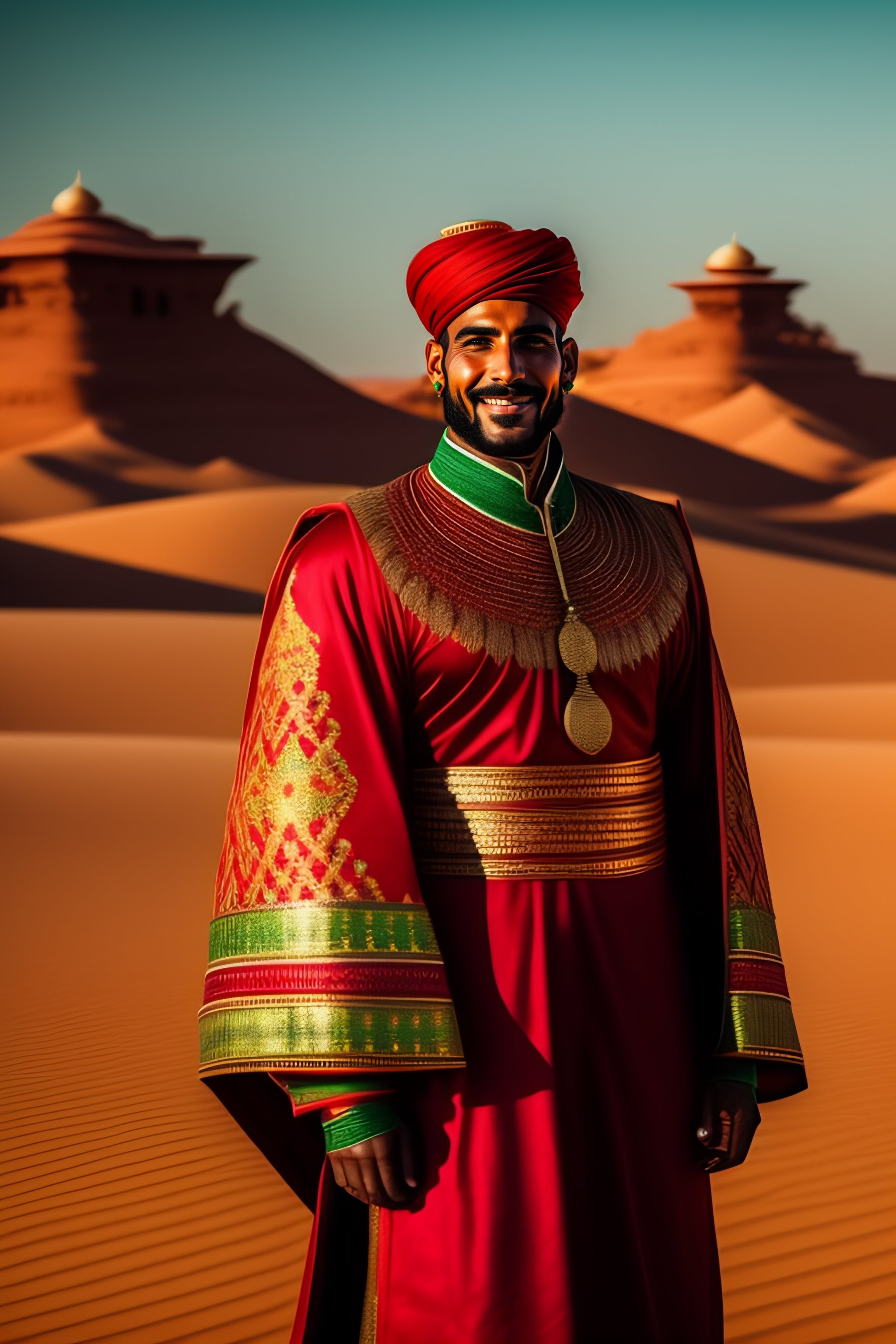 Lexica - Happy face, man body, wear traditional moroccan clothes in red