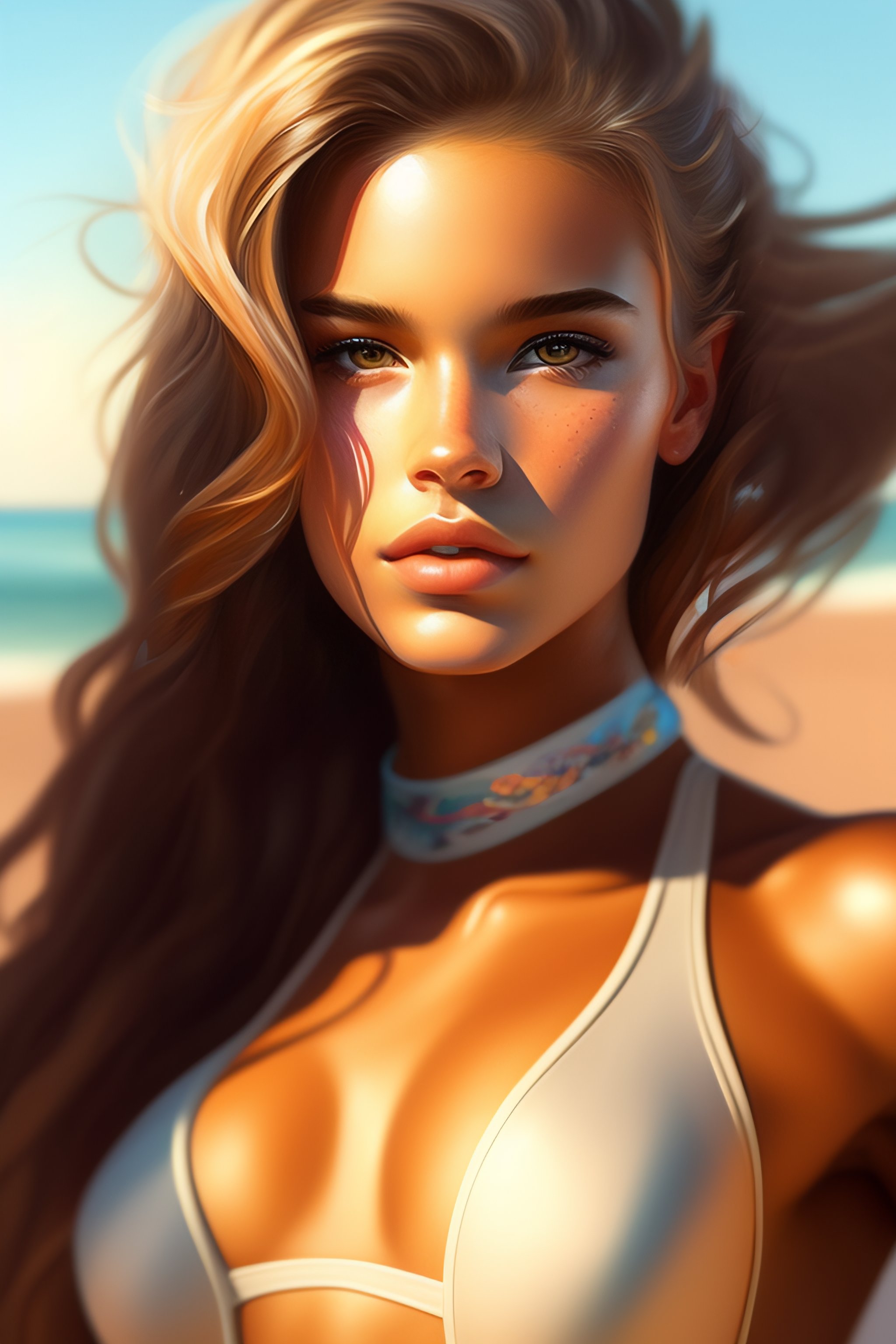 Lexica - Detailed portrait of cute calm Bella Poarch, leaning forward,  winking, looking up, bikini, mid shot, highly detailed, headshot, digital  pain...