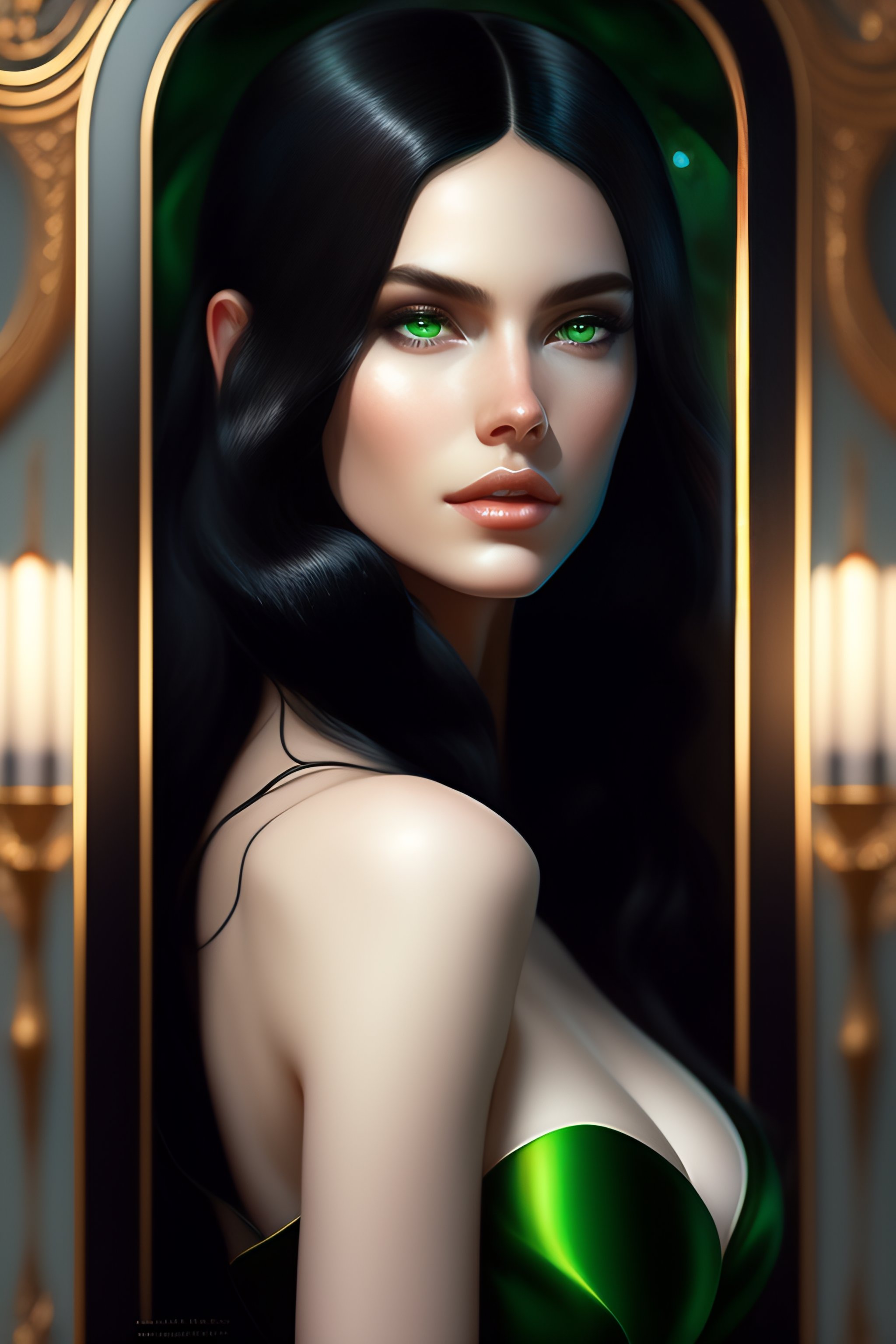 Lexica Black Hair Woman Pale Skin White Skin Green Eyes Through The Mirror Fantasy Magic