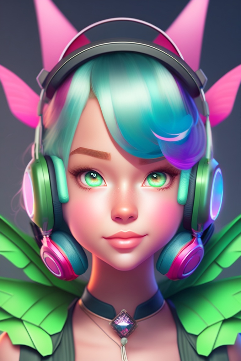 Lexica A animated girl with green headphones, pink wings and blue