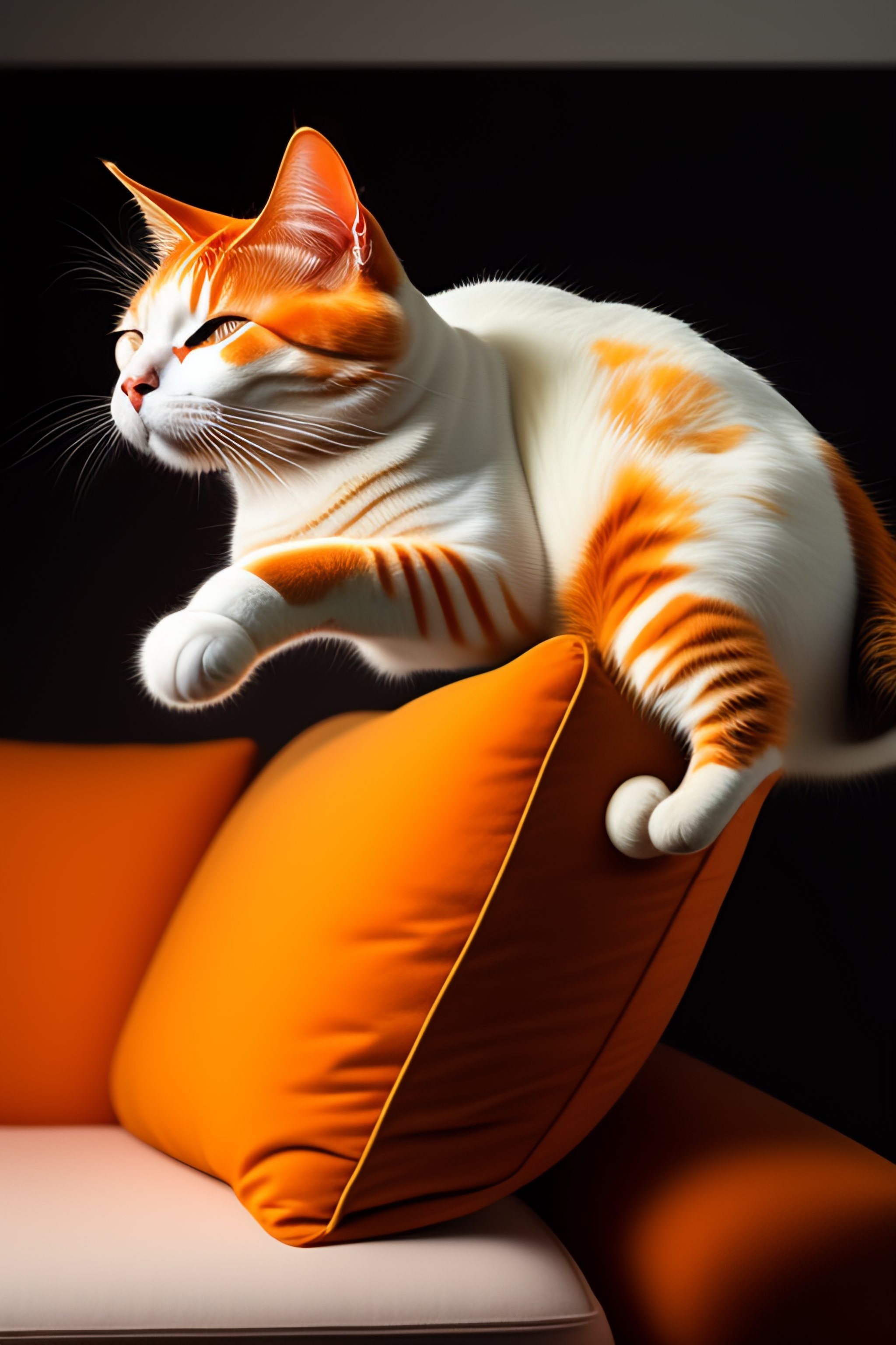 Lexica - Portrait of a orange and white cat sleeping on a couch flying ...