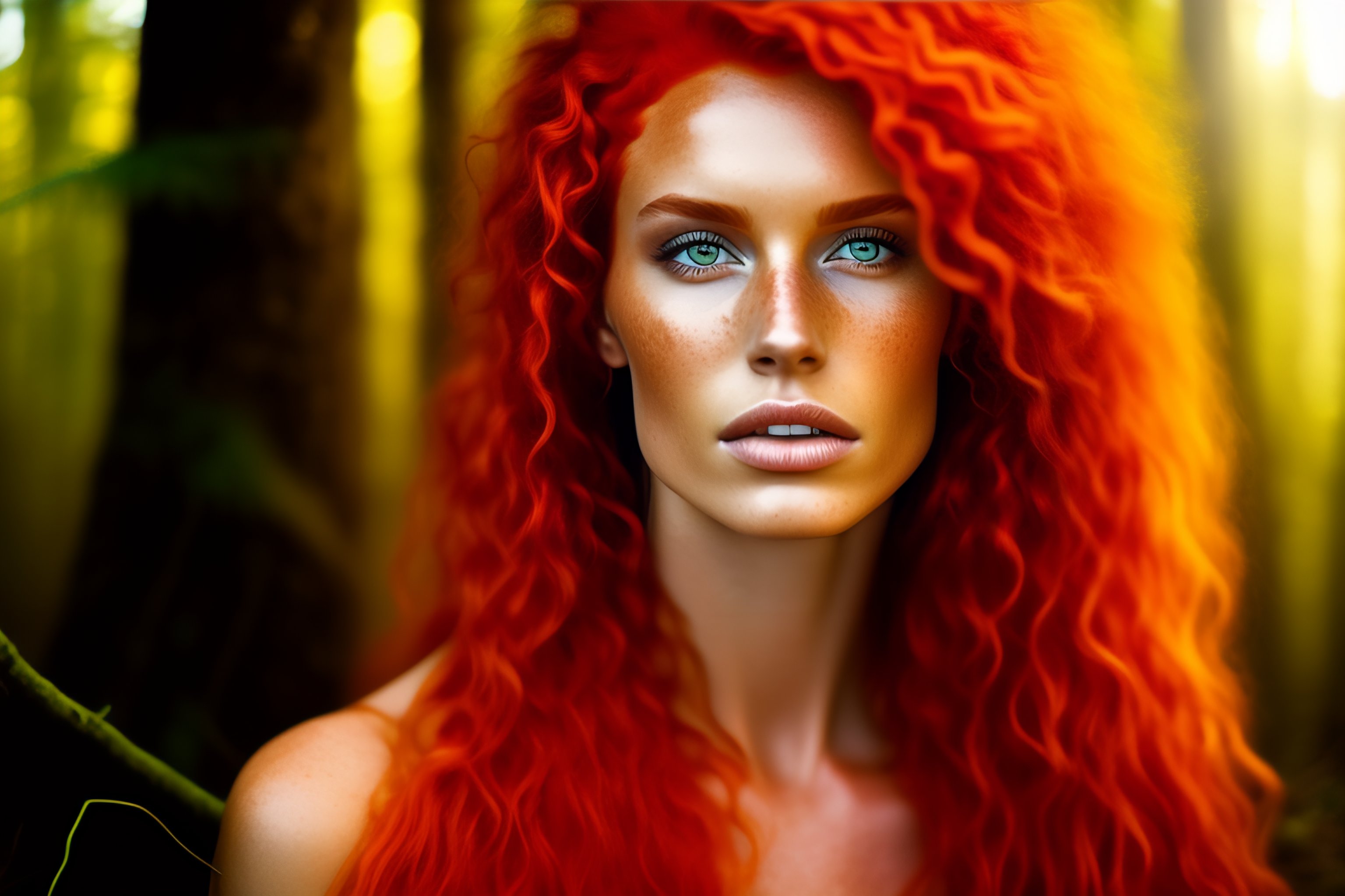 Lexica Redhead Wild Hair Orange Eyes Freckles Forest Woman 