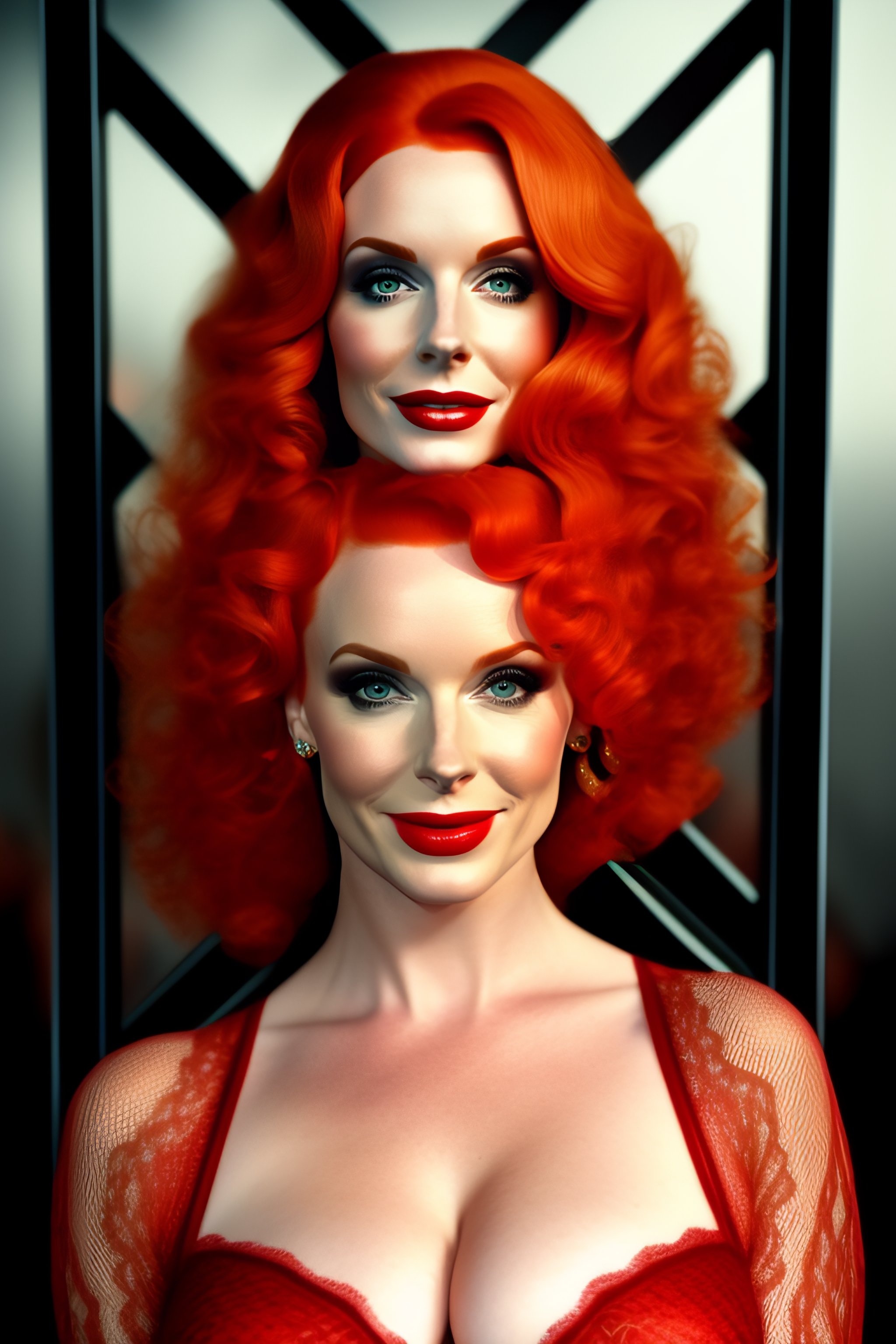 Lexica - Photograph of 200 pound christina hendricks beautiful redhead  fishnet body stocking black open lace smiling full standing in an archway