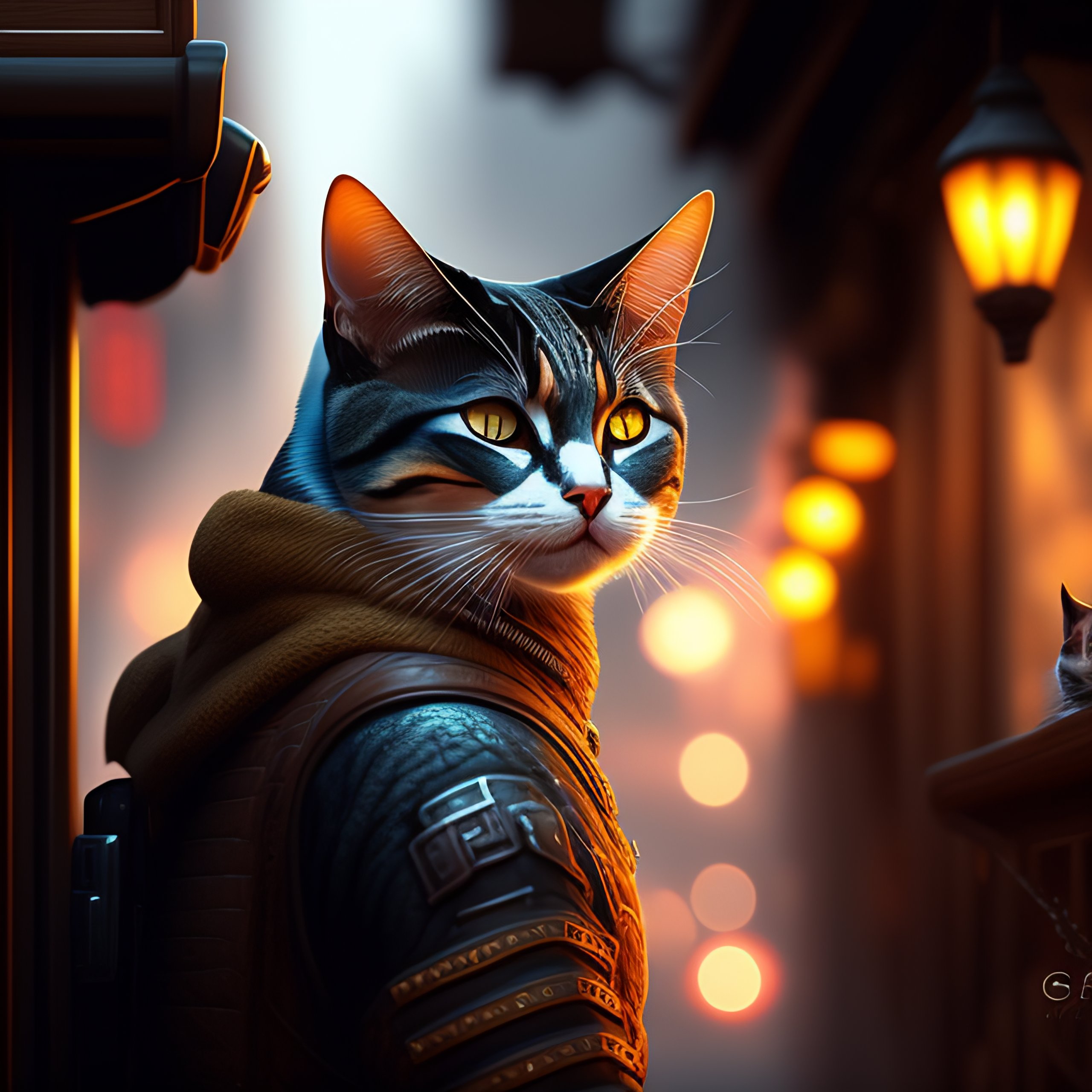 Lexica - Ronin cat entering a cyberpunk saloon